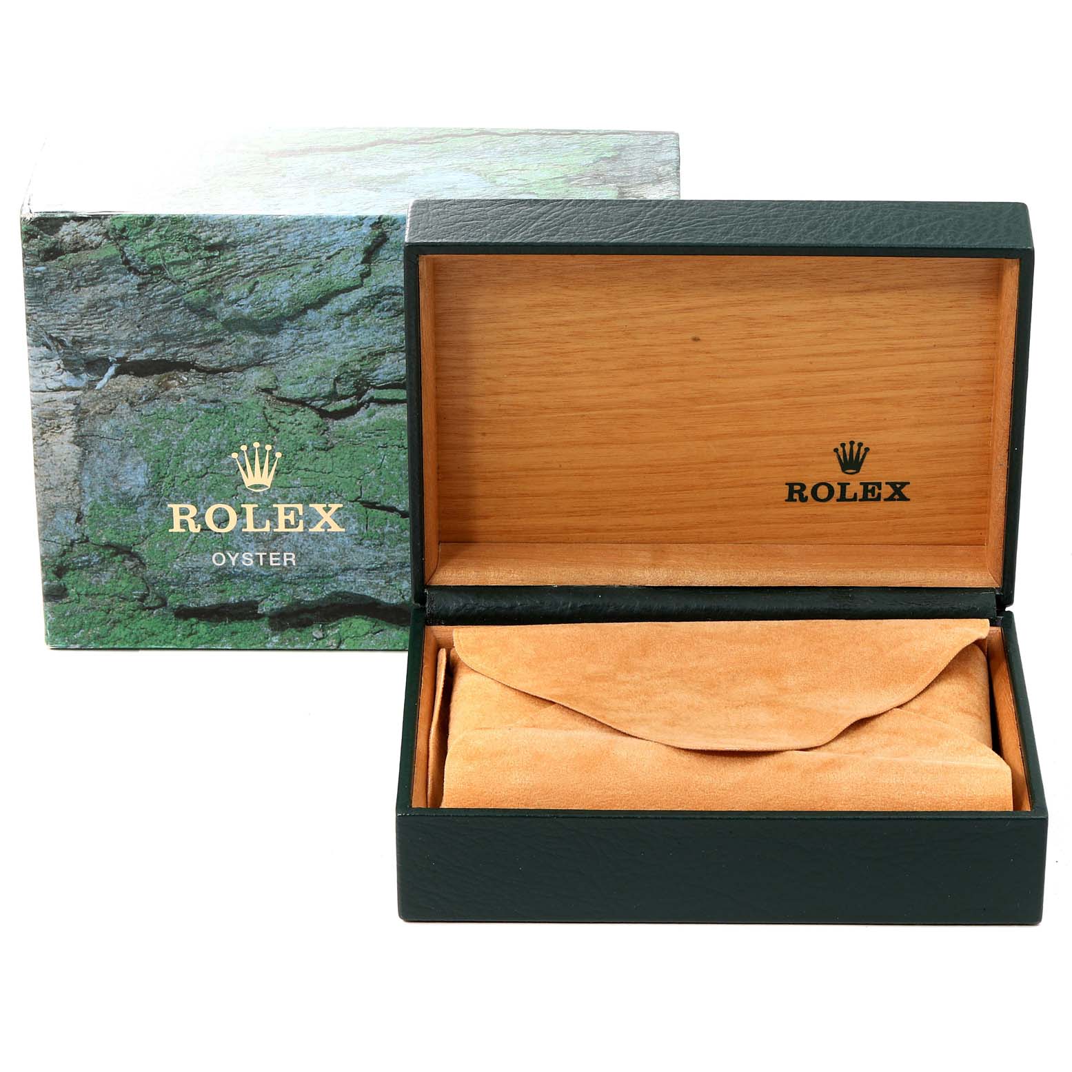 The image shows an open Rolex box and pouch for the Mid-Size model, viewed from the front.