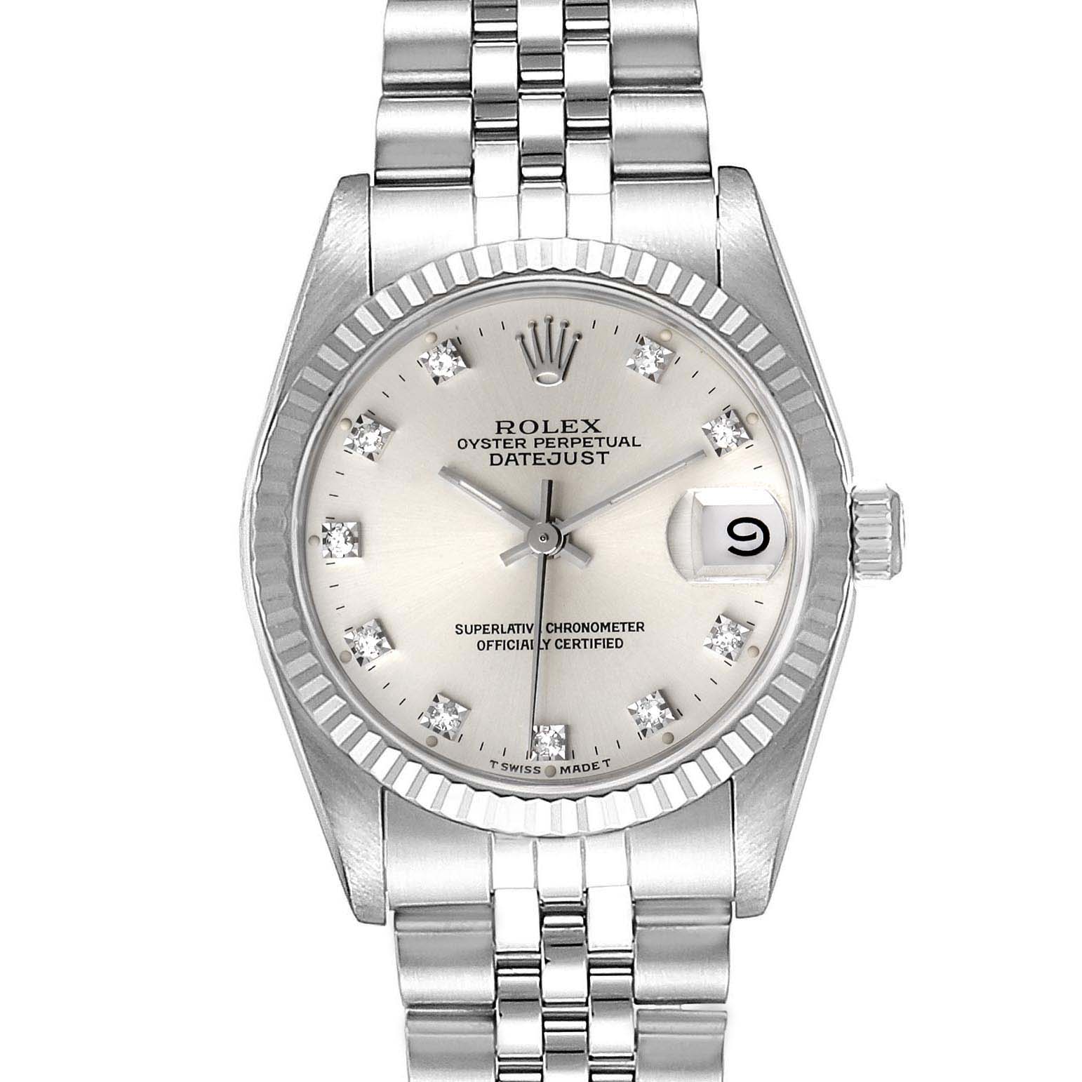 This image shows a front view of the Rolex Datejust Mid-Size watch, featuring the dial, bezel, and metal bracelet.