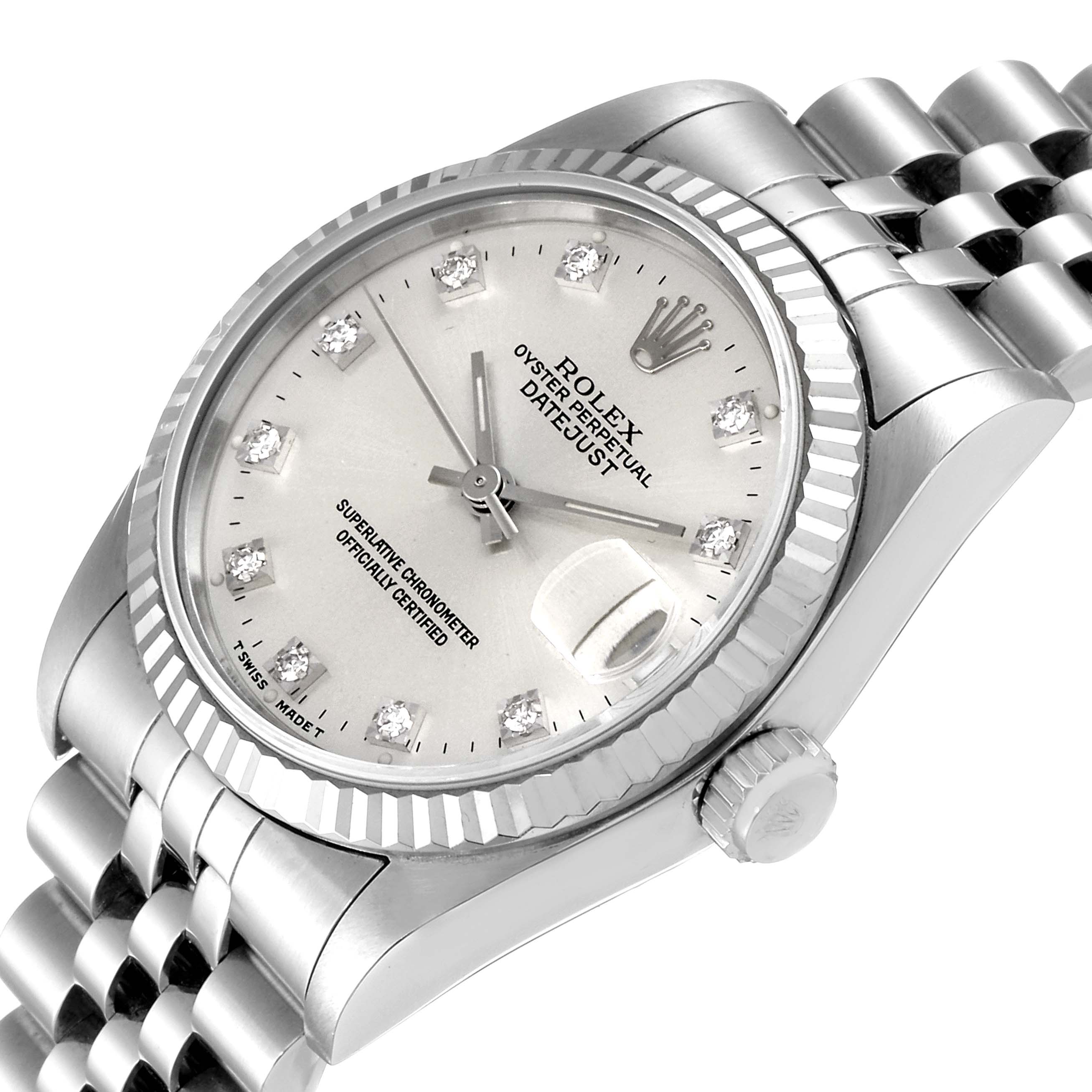 The image shows a close-up angled view of a Rolex Datejust Mid-Size watch, highlighting the dial, bezel, crown, and part of the bracelet.