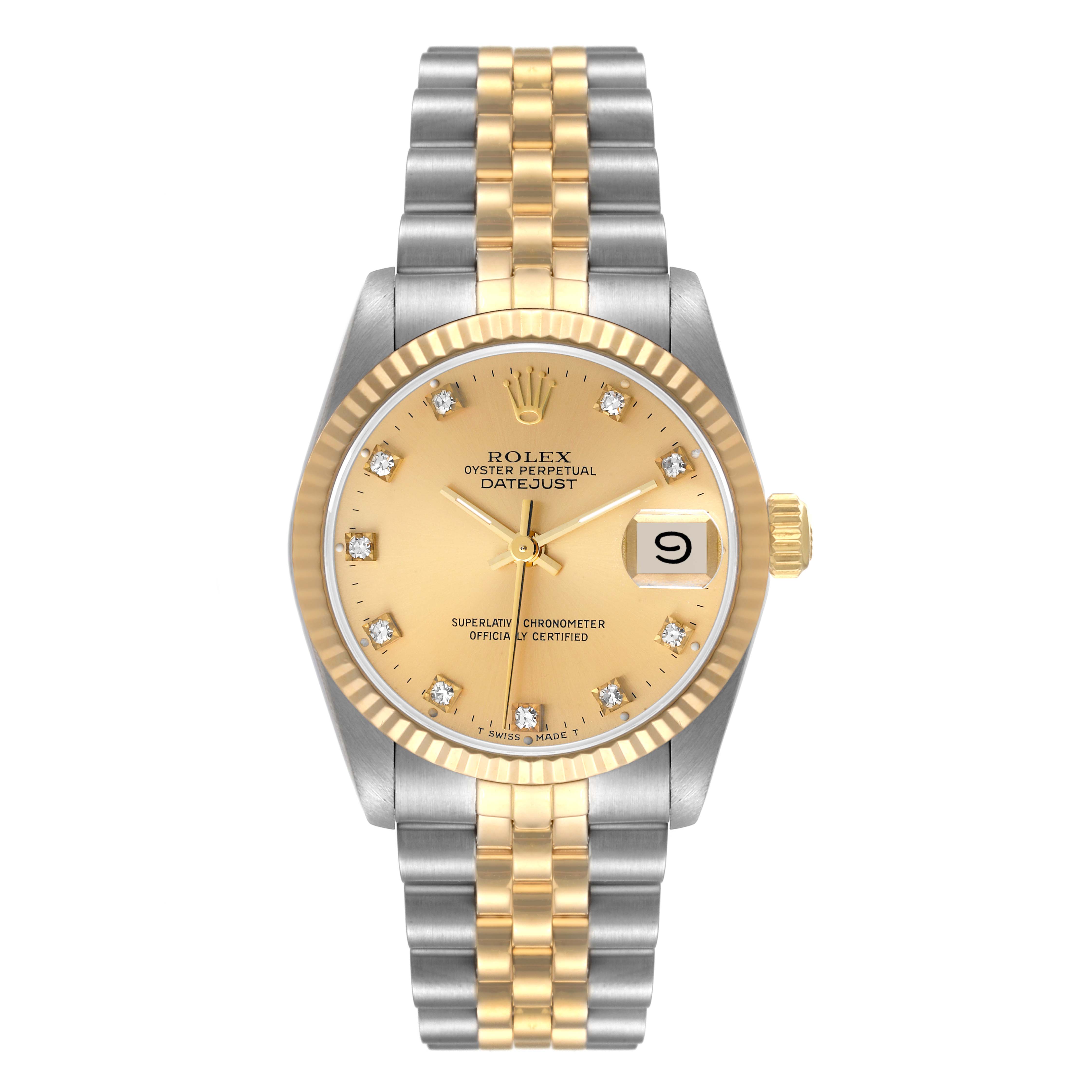This is a front view of a Rolex Oyster Perpetual Datejust Mid-Size watch showing the face, bezel, and bracelet.
