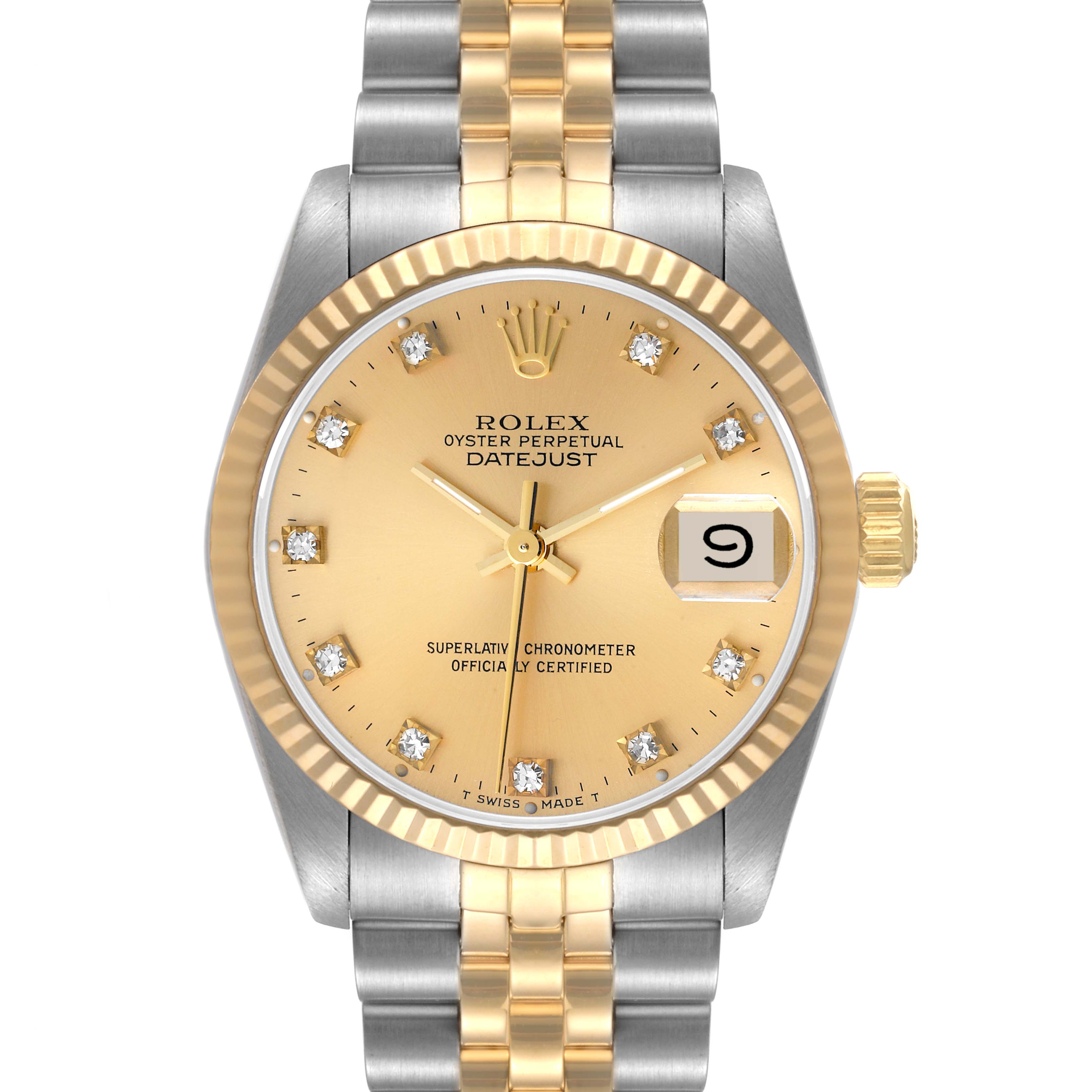 The image shows a front view of the Rolex Mid-Size 68273 Women
s Steel and Gold (two tone) Champagne Dial 68273 Women
s Steel and Gold (two tone) Champagne Dial Datejust watch, highlighting the dial, bezel, and bracelet.