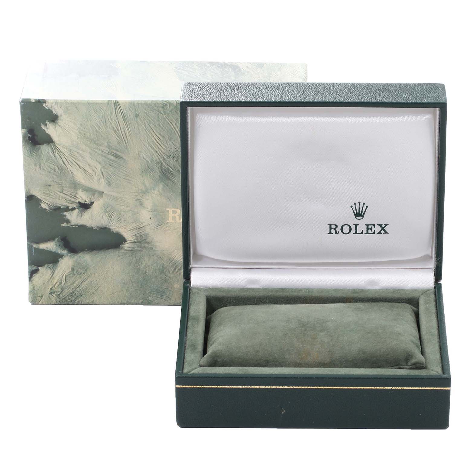 The image shows an empty Rolex Mid-Size 68273 Women
s Steel and Gold (two tone) Champagne Dial 68273 Women
s Steel and Gold (two tone) Champagne Dial watch box and outer packaging, viewed from the front with the lid open.