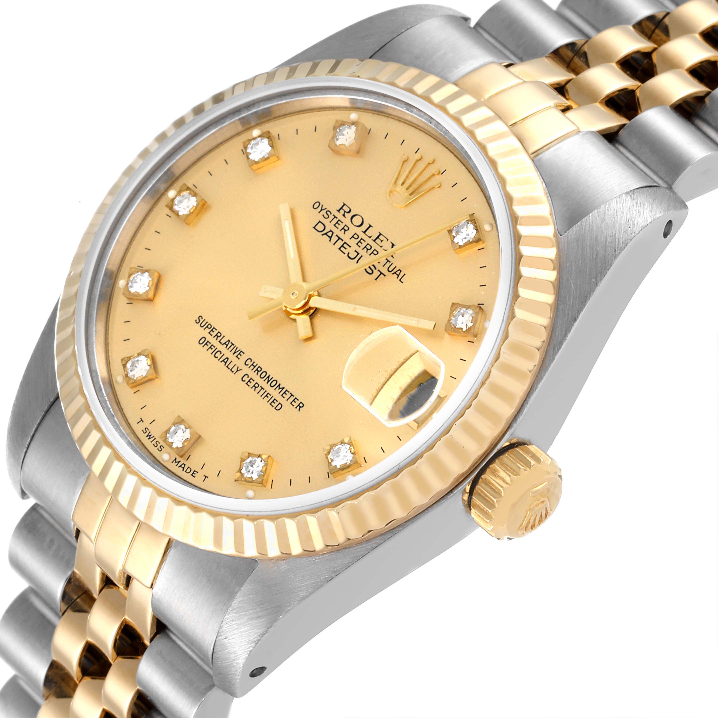 This image shows a close-up, angled view of the Rolex Mid-Size 68273 Women
s Steel and Gold (two tone) Champagne Dial 68273 Women
s Steel and Gold (two tone) Champagne Dial Datejust watch, highlighting the dial, bezel, and part of the bracelet.