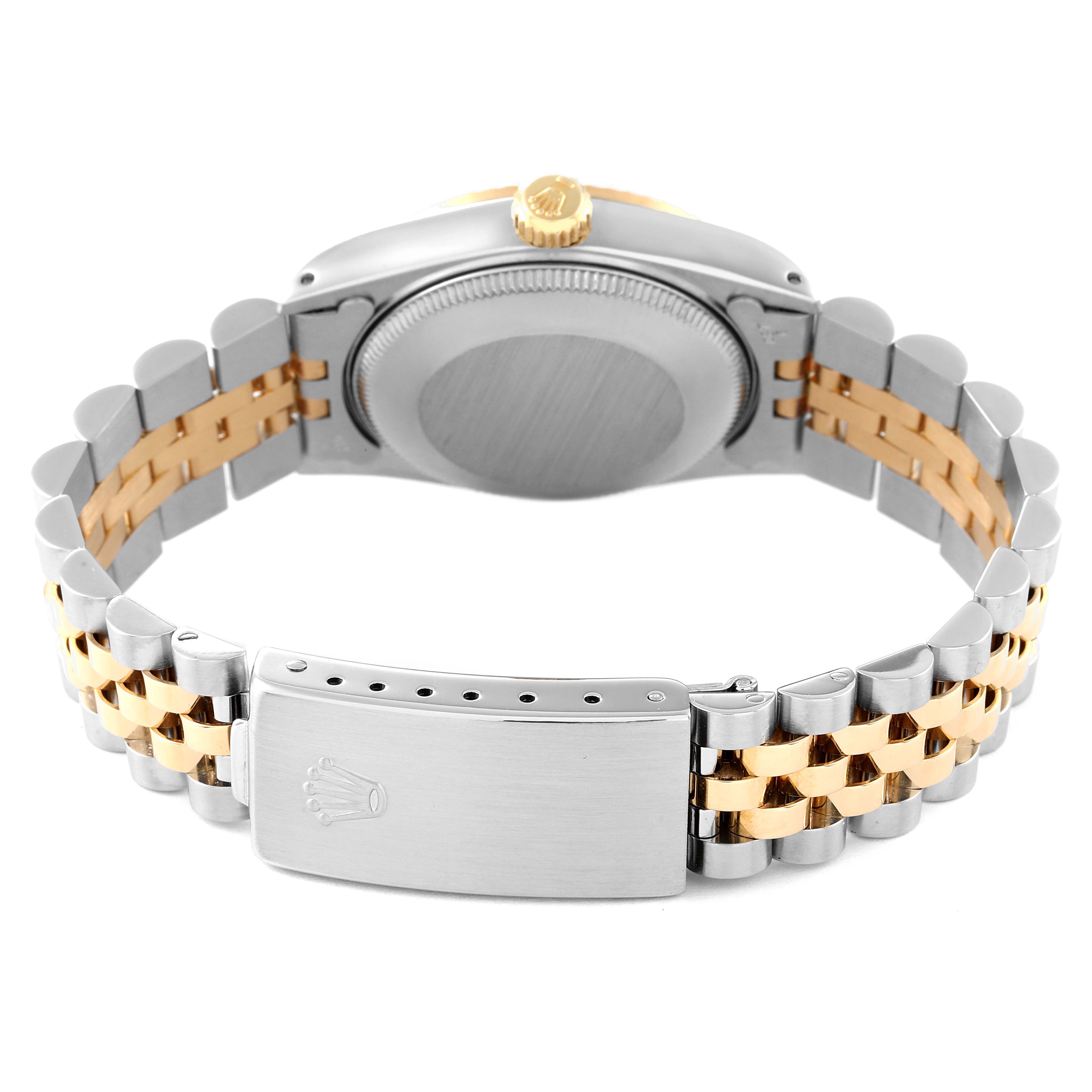 The image shows the back view of a Mid-Size Rolex watch, highlighting its case back, crown, and two-tone bracelet with clasp.