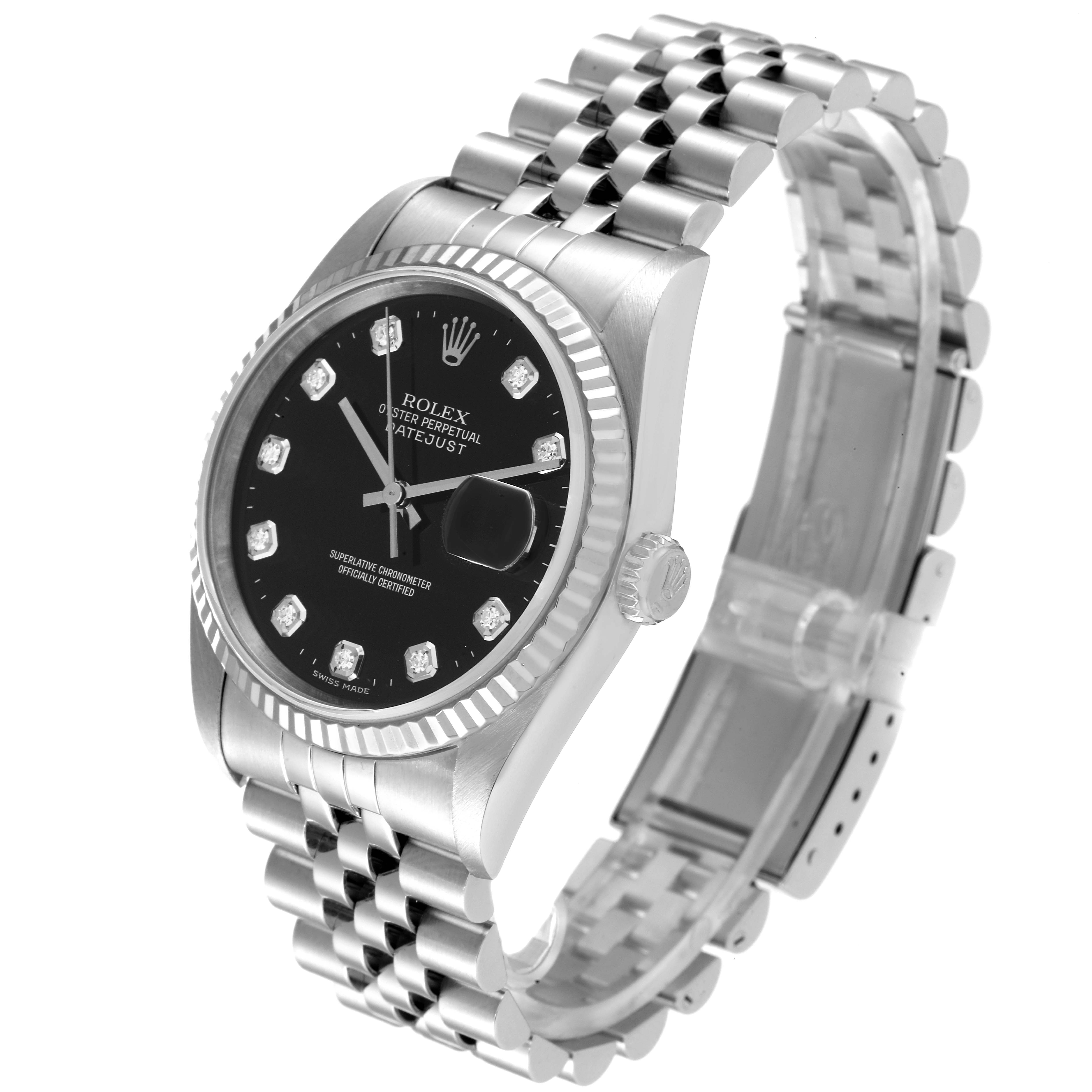 The Rolex Datejust 16234 Men's Stainless Steel Black Dial 16234 Men's Stainless Steel Black Dial watch is shown at an angled view highlighting its black dial, fluted bezel, and jubilee bracelet.