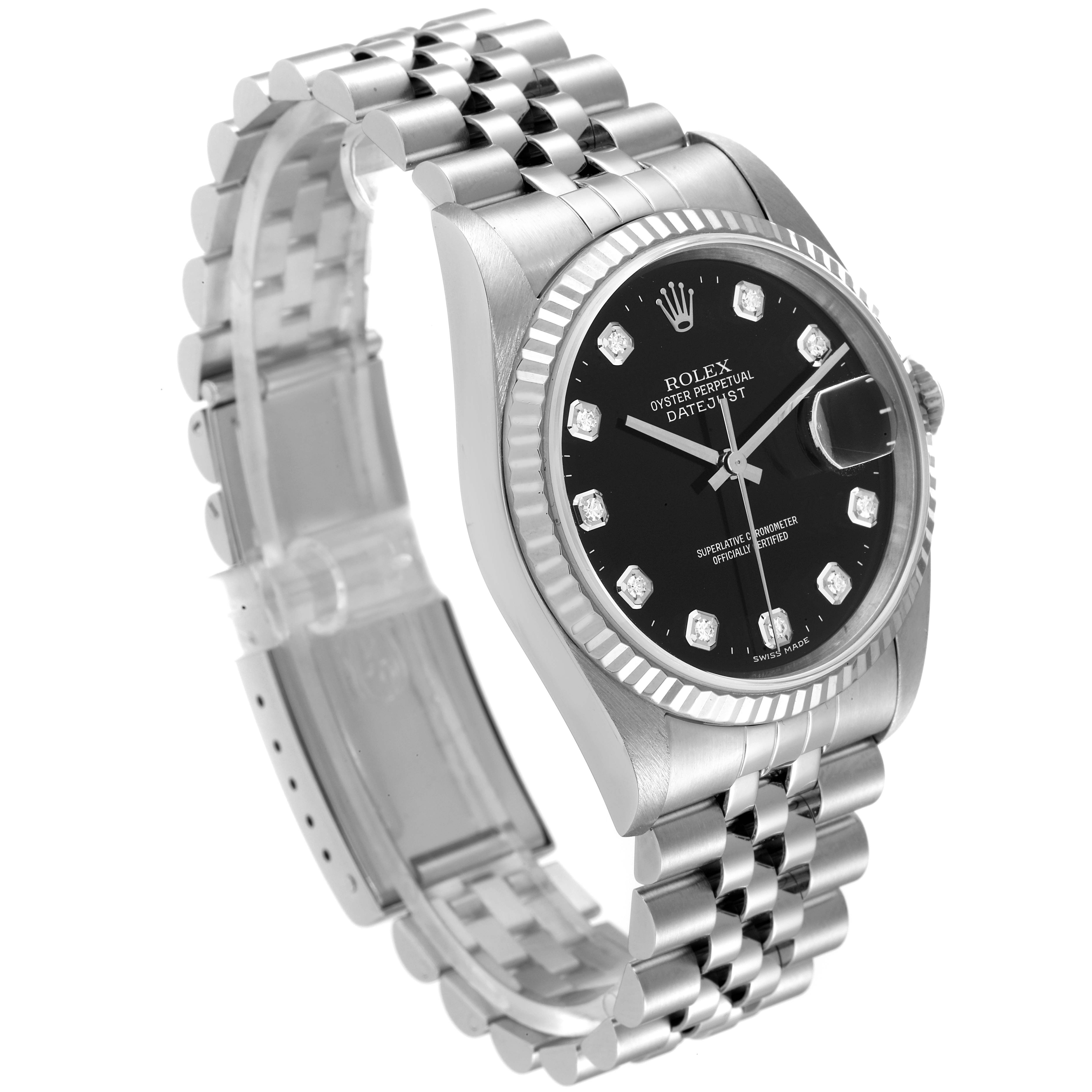 The image shows the side and slightly angled view of a Rolex Datejust 16234 Men's Stainless Steel Black Dial 16234 Men's Stainless Steel Black Dial watch, highlighting its black face, date window, and Jubilee bracelet.