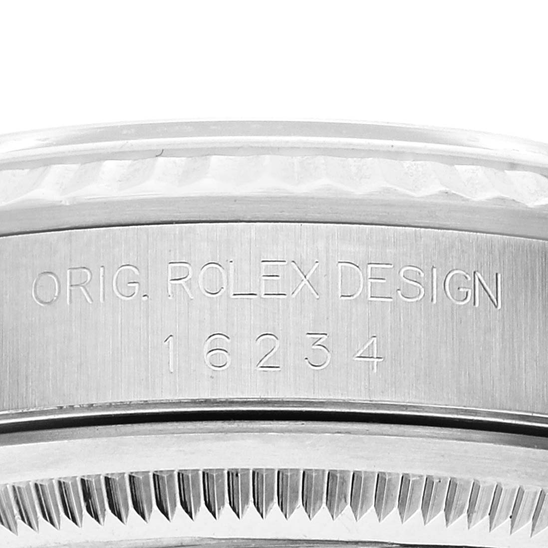 The image shows a close-up of the side of a Rolex Datejust 16234 Men's Stainless Steel Black Dial 16234 Men's Stainless Steel Black Dial model, highlighting the engraved design number "16234."