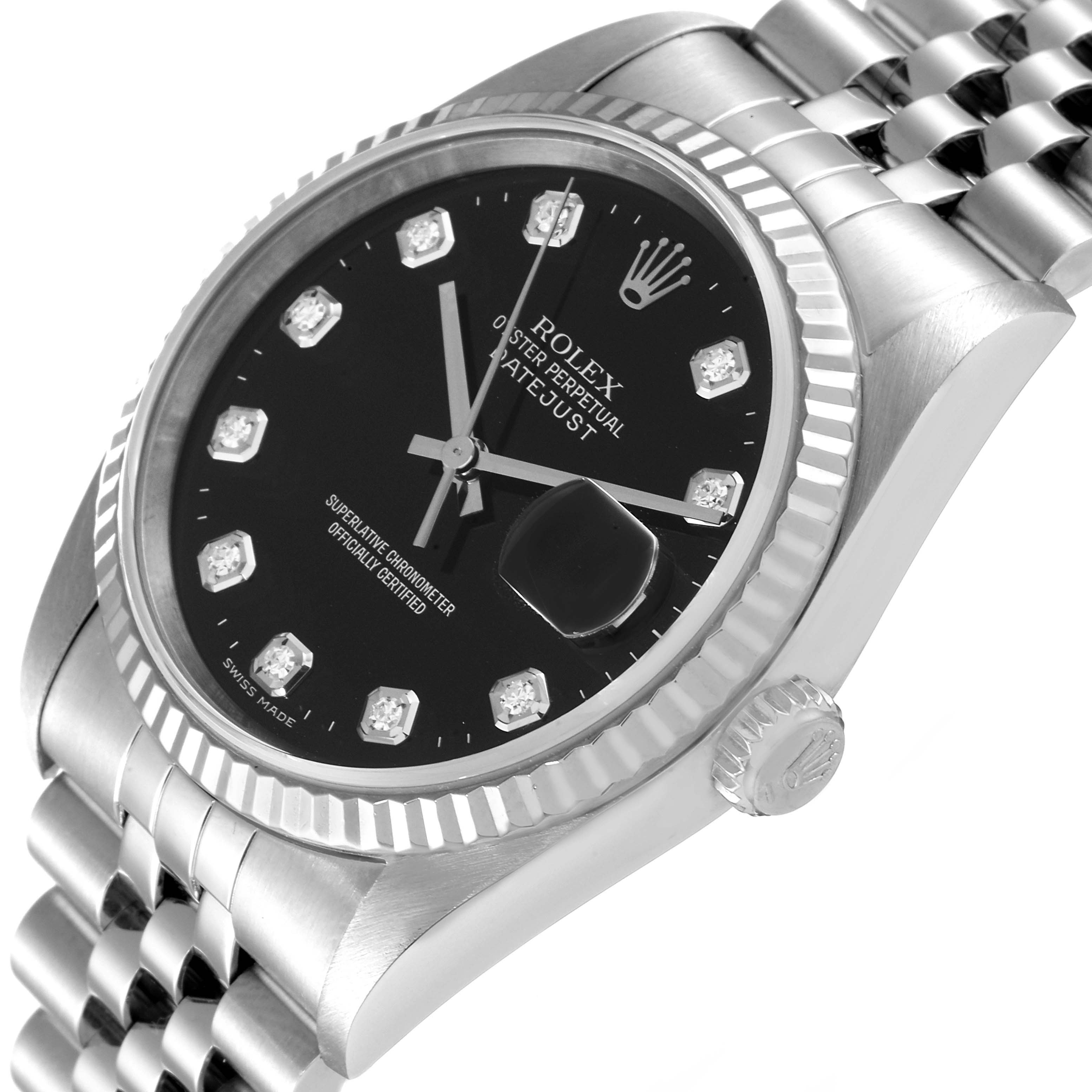 The image shows a side angle of the Rolex Datejust 16234 Men's Stainless Steel Black Dial 16234 Men's Stainless Steel Black Dial watch, highlighting the face, bezel, crown, and part of the bracelet.