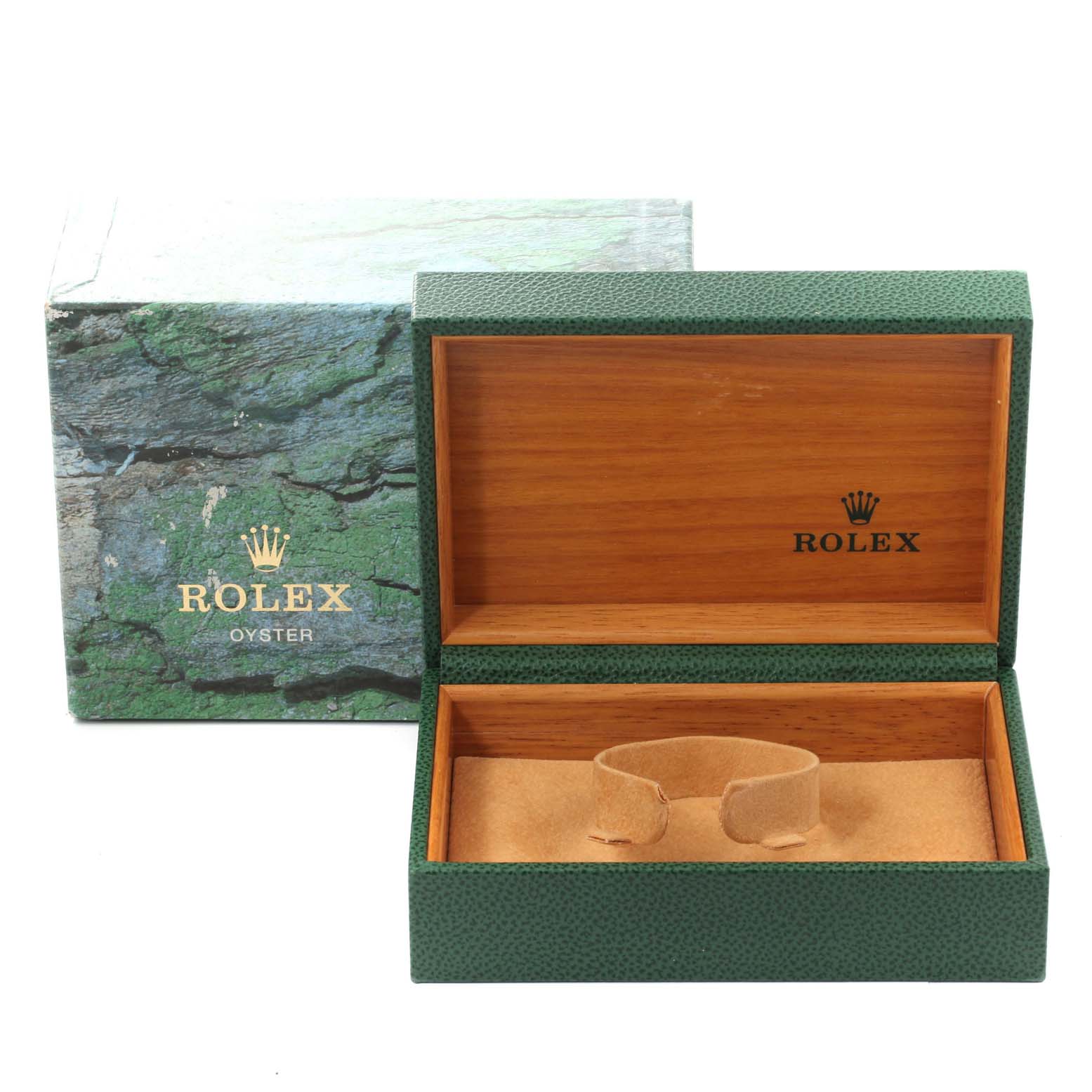 An open Rolex Datejust 16234 Men's Stainless Steel Black Dial 16234 Men's Stainless Steel Black Dial watch box is shown, revealing the inner storage section and outer green protective box.