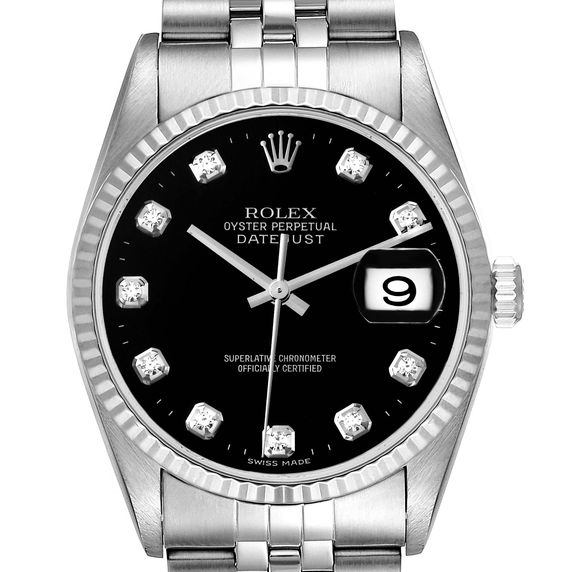 This Rolex Datejust 16234 Men's Stainless Steel Black Dial 16234 Men's Stainless Steel Black Dial watch is shown from the front, displaying its black dial, indices, date window, and part of the bracelet.
