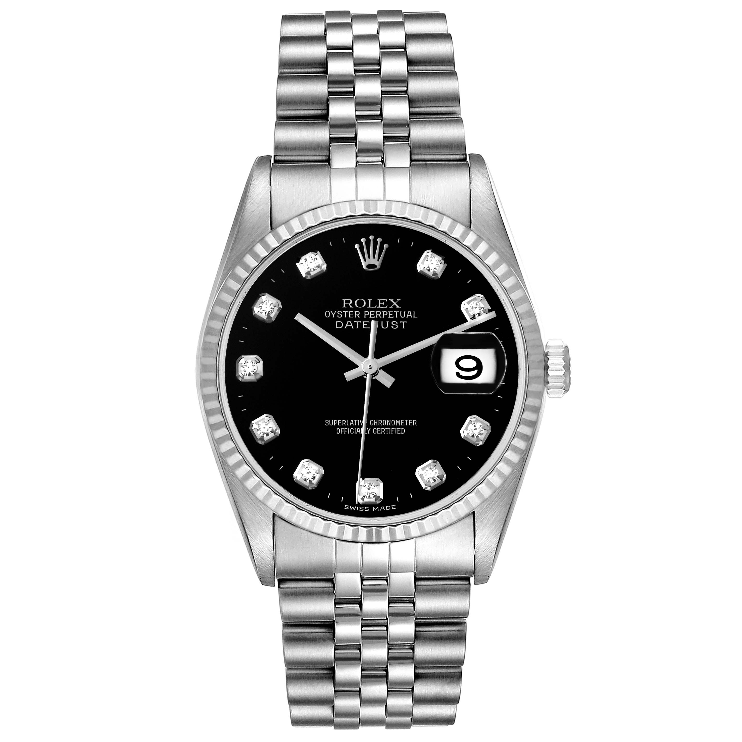 This image shows a front view of a Rolex Datejust 16234 Men's Stainless Steel Black Dial 16234 Men's Stainless Steel Black Dial watch, highlighting the dial, bezel, bracelet, and crown.