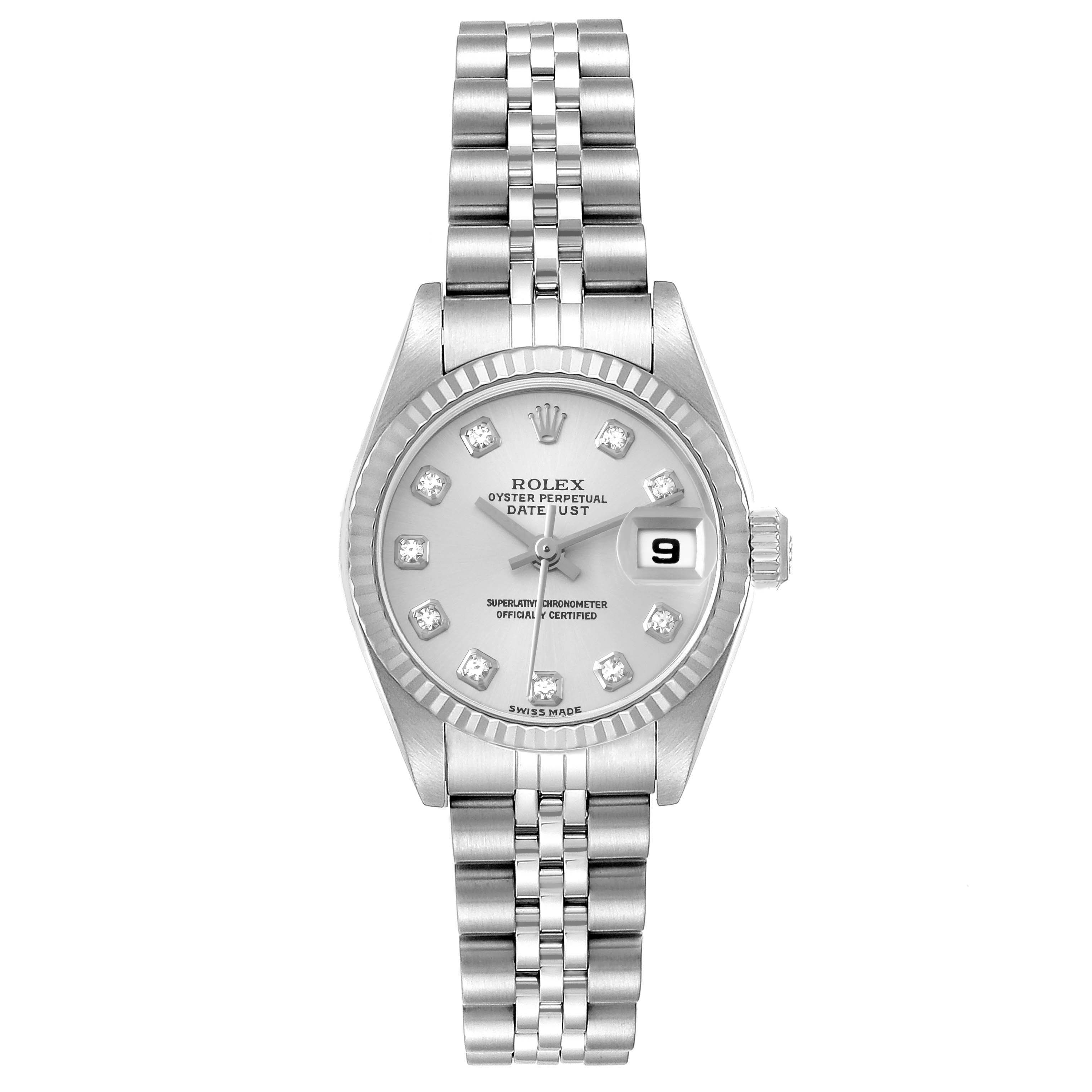 This Rolex Datejust 79174 Women's Stainless Steel Silver Dial 79174 Women's Stainless Steel Silver Dial watch is shown from the front, displaying the dial, bezel, case, and bracelet.