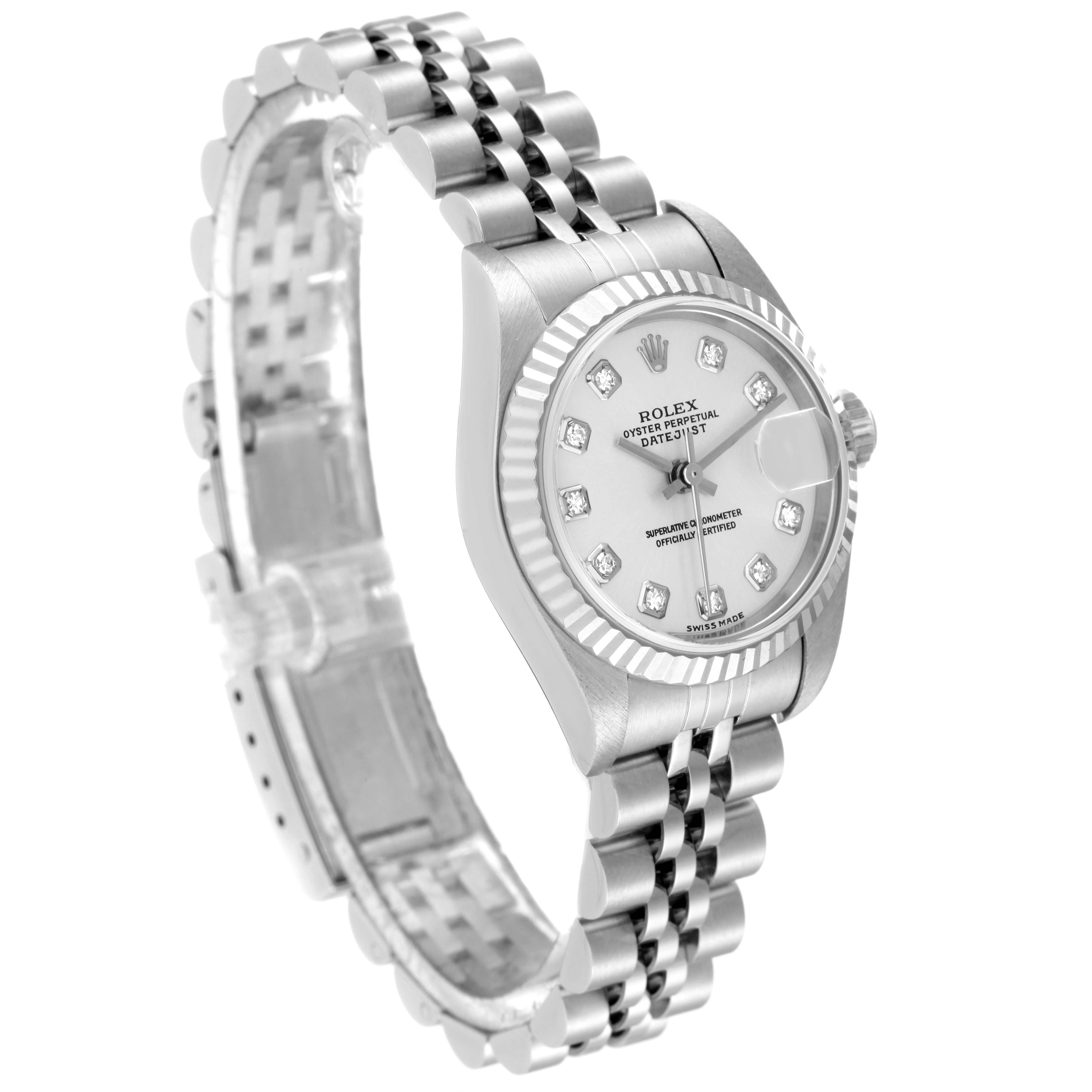 This is a Rolex Datejust 79174 Women's Stainless Steel Silver Dial 79174 Women's Stainless Steel Silver Dial watch shown at a slight angle, highlighting its face, bezel, and bracelet.