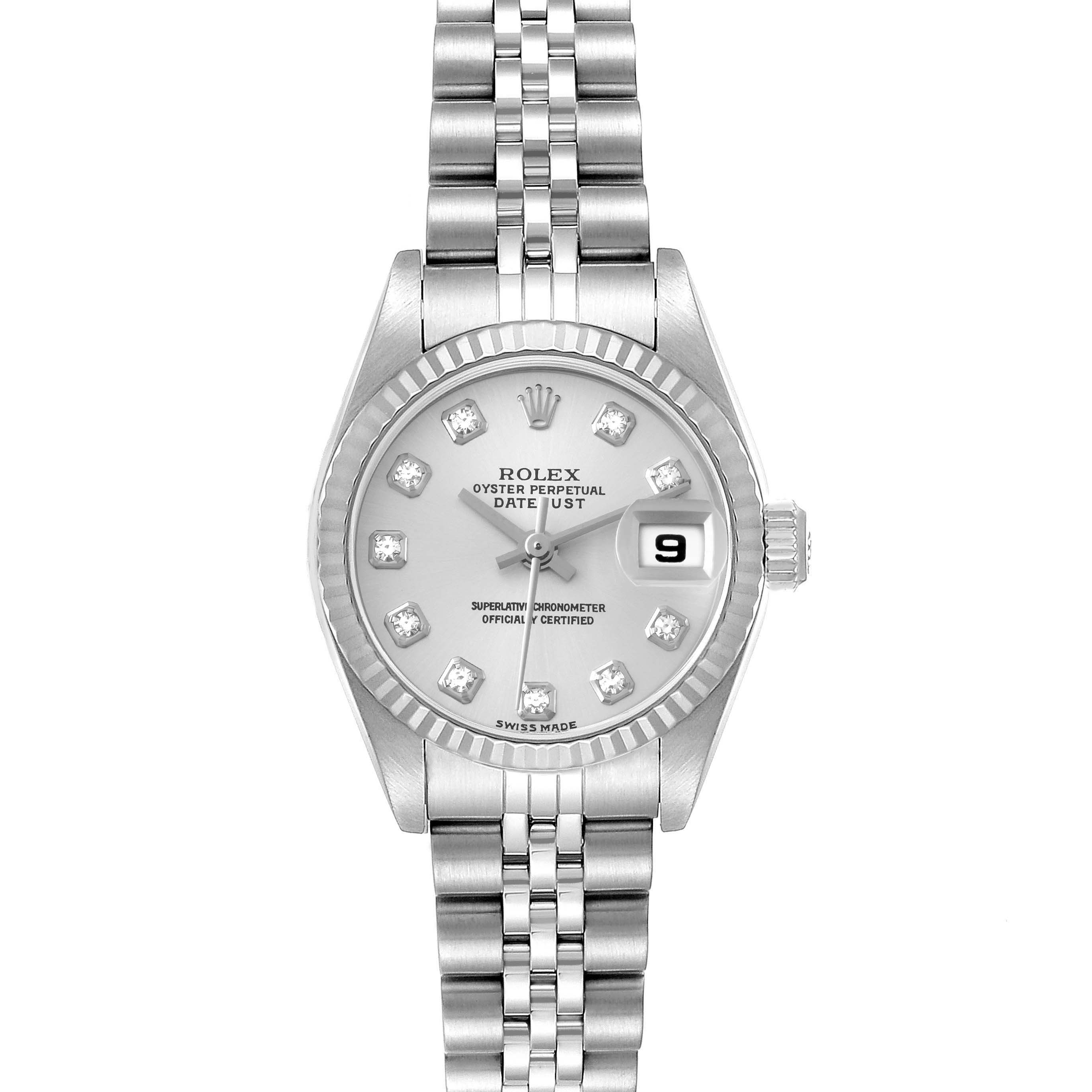 The image shows a front view of a Rolex Datejust 79174 Women's Stainless Steel Silver Dial 79174 Women's Stainless Steel Silver Dial watch, highlighting its silver dial, jubilee bracelet, and date display at 3 o'clock.