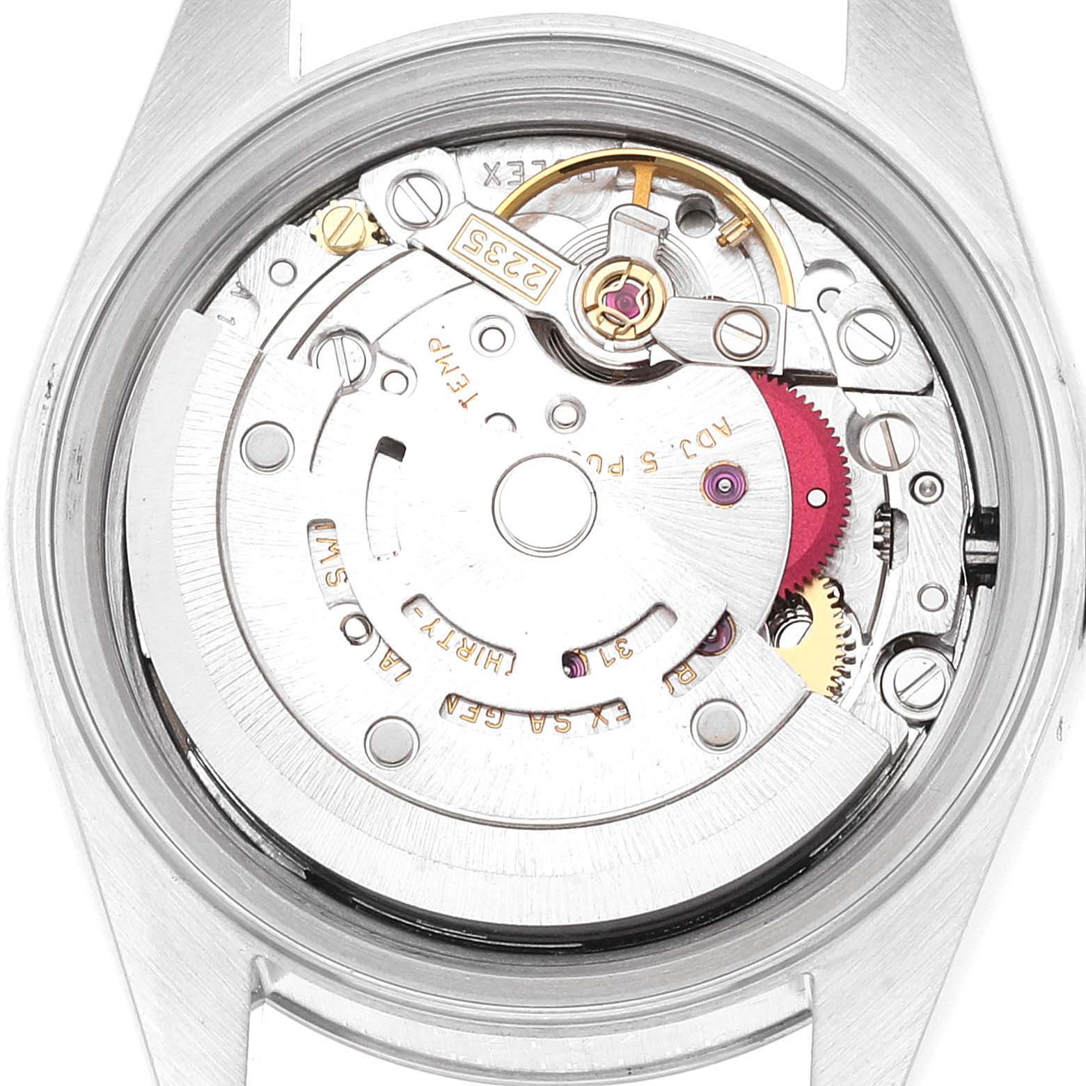 The image shows the case back opened, revealing the mechanical movement of the Rolex Datejust 79174 Women's Stainless Steel Silver Dial 79174 Women's Stainless Steel Silver Dial watch.