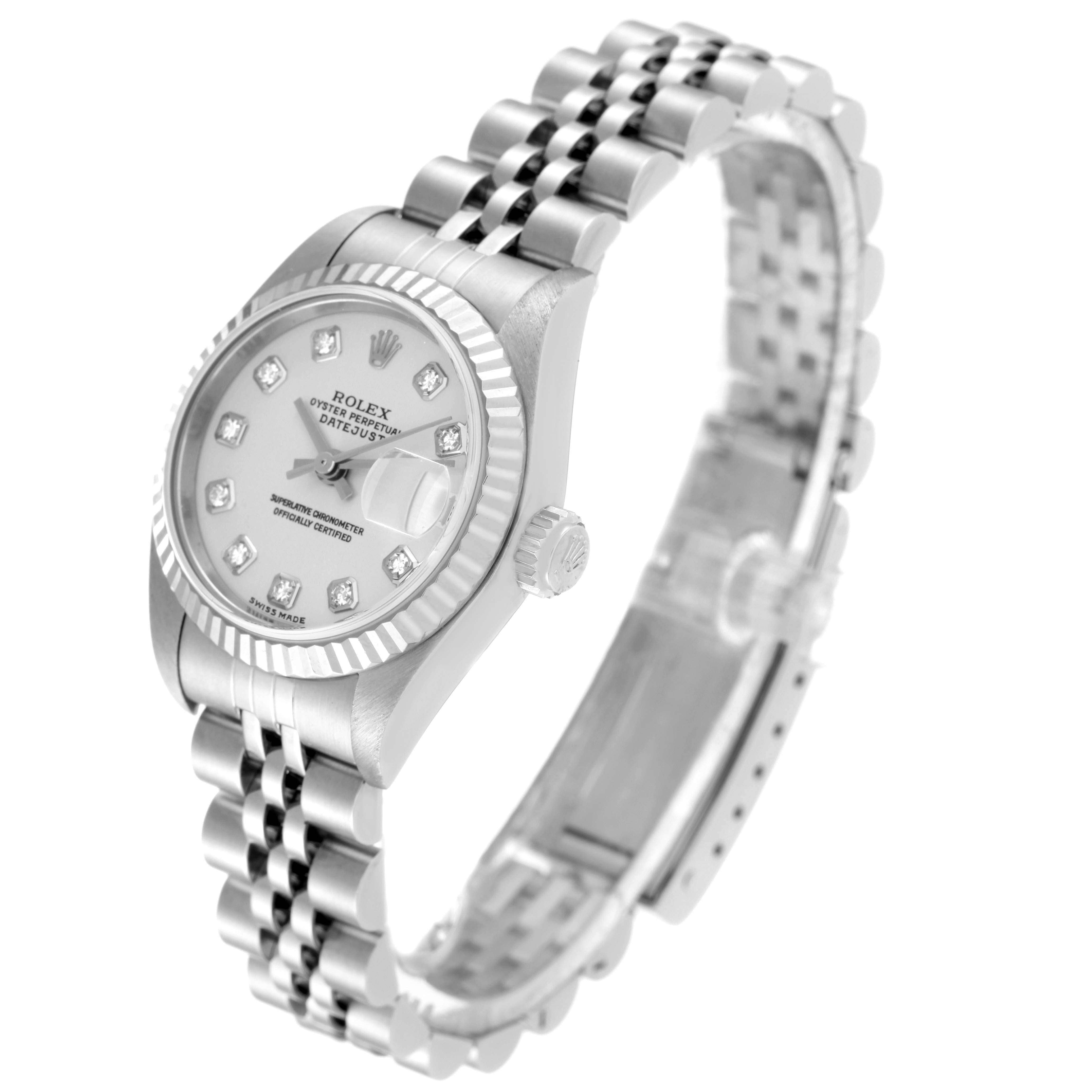 The Rolex Datejust 79174 Women's Stainless Steel Silver Dial 79174 Women's Stainless Steel Silver Dial watch is shown at a slight angle from the front/right side, displaying the face, crown, and bracelet.