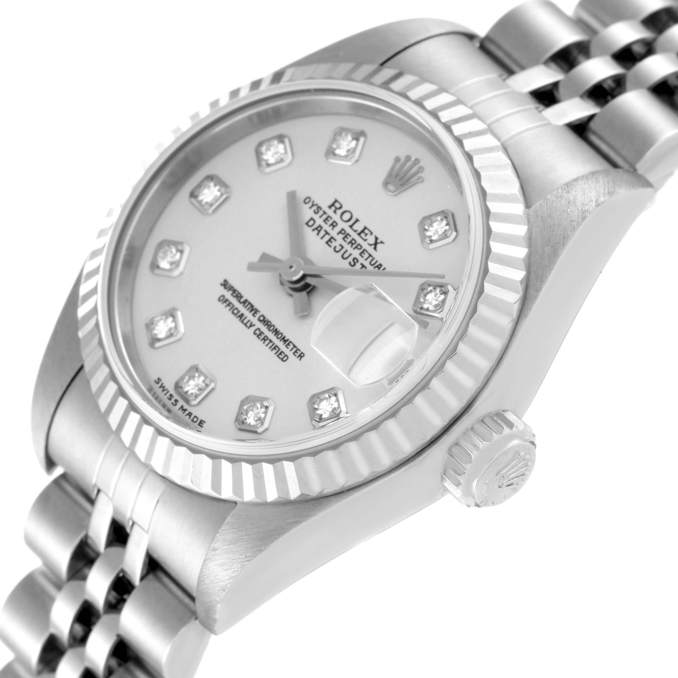 The image shows a close-up, angled view of a Rolex Datejust 79174 Women's Stainless Steel Silver Dial 79174 Women's Stainless Steel Silver Dial's dial, bezel, crown, and part of the bracelet.