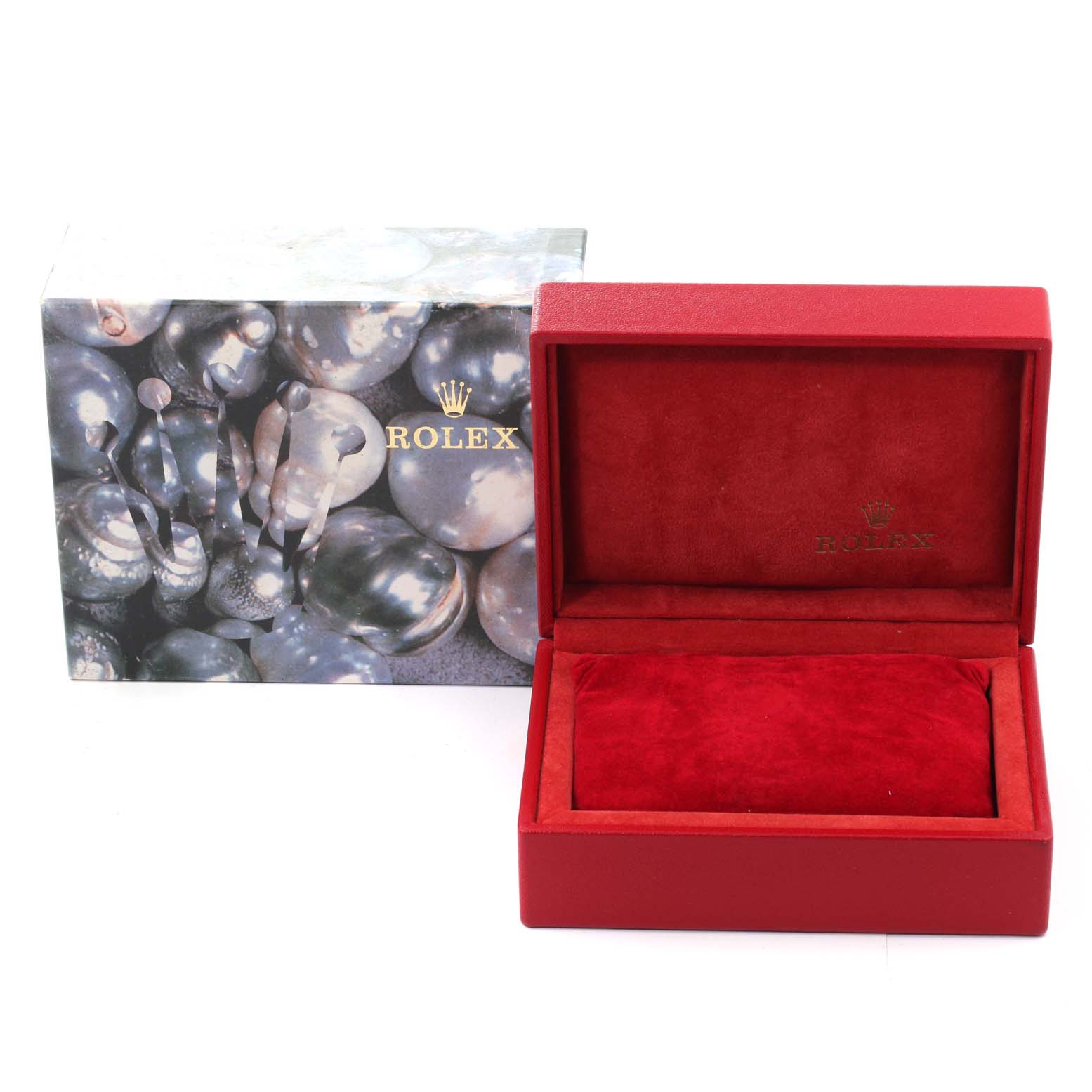 This image shows a Rolex Datejust 79174 Women's Stainless Steel Silver Dial 79174 Women's Stainless Steel Silver Dial watch box and its outer packaging from a front angle.