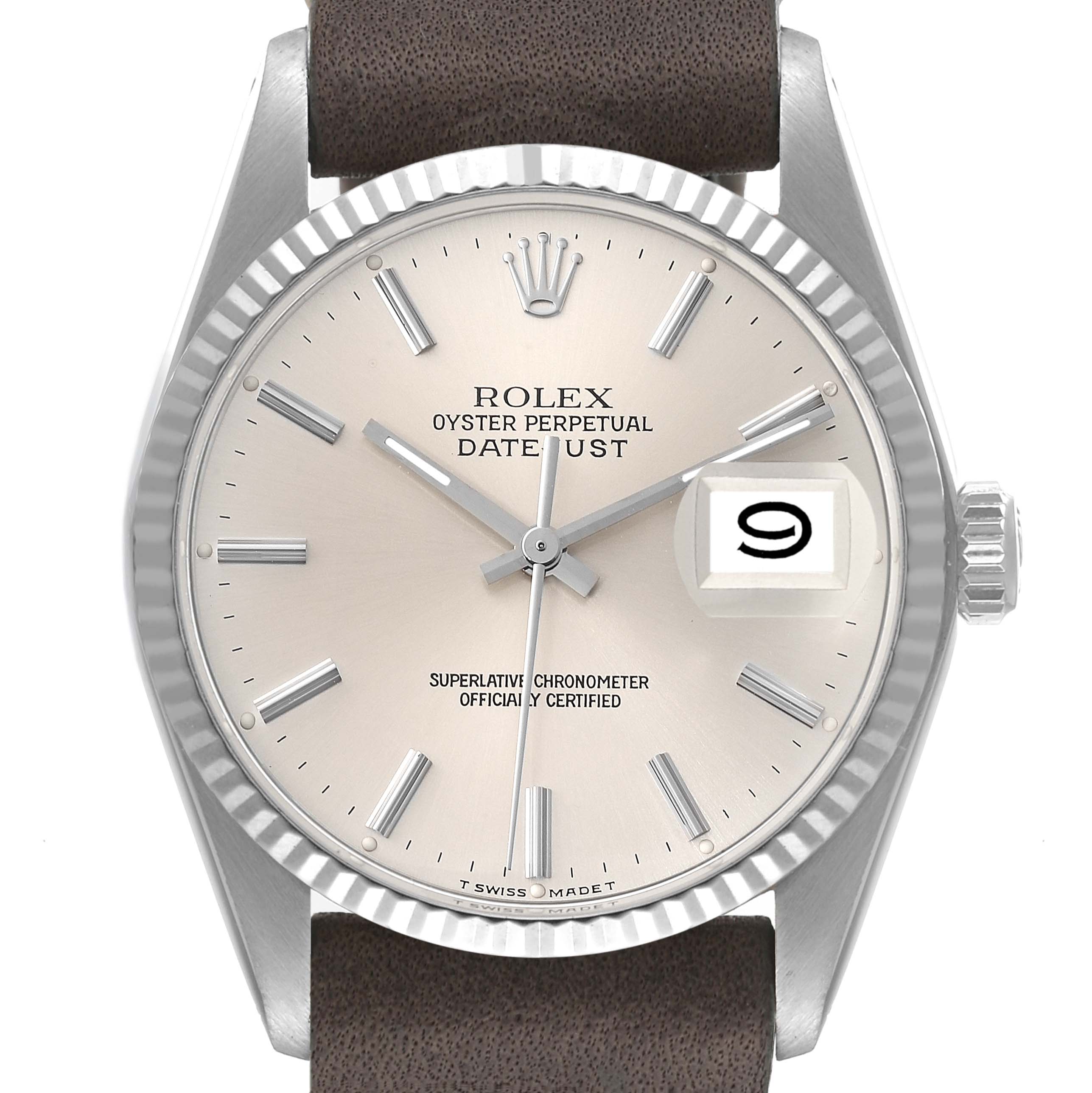 The Rolex Datejust 16014 Men's Steel and Gold (two tone) Silver Dial 16014 Men's Steel and Gold (two tone) Silver Dial watch is shown from a frontal angle, displaying the dial, hands, date indicator, and part of the bezel.