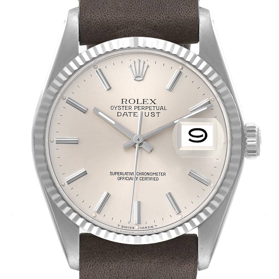 The Rolex Datejust watch is shown from a frontal angle, displaying the dial, hands, date indicator, and part of the bezel.