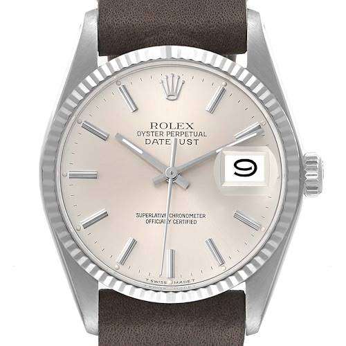 The image shows a front view of the Rolex Datejust watch, featuring its face, bezel, dial, and leather strap.