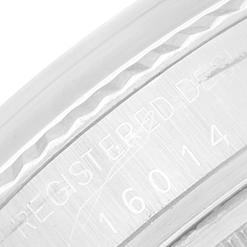 The image shows a close-up of the side engraving on a Rolex Datejust 16014 Men's Steel and Gold (two tone) Silver Dial 16014 Men's Steel and Gold (two tone) Silver Dial, highlighting the model number 16014.