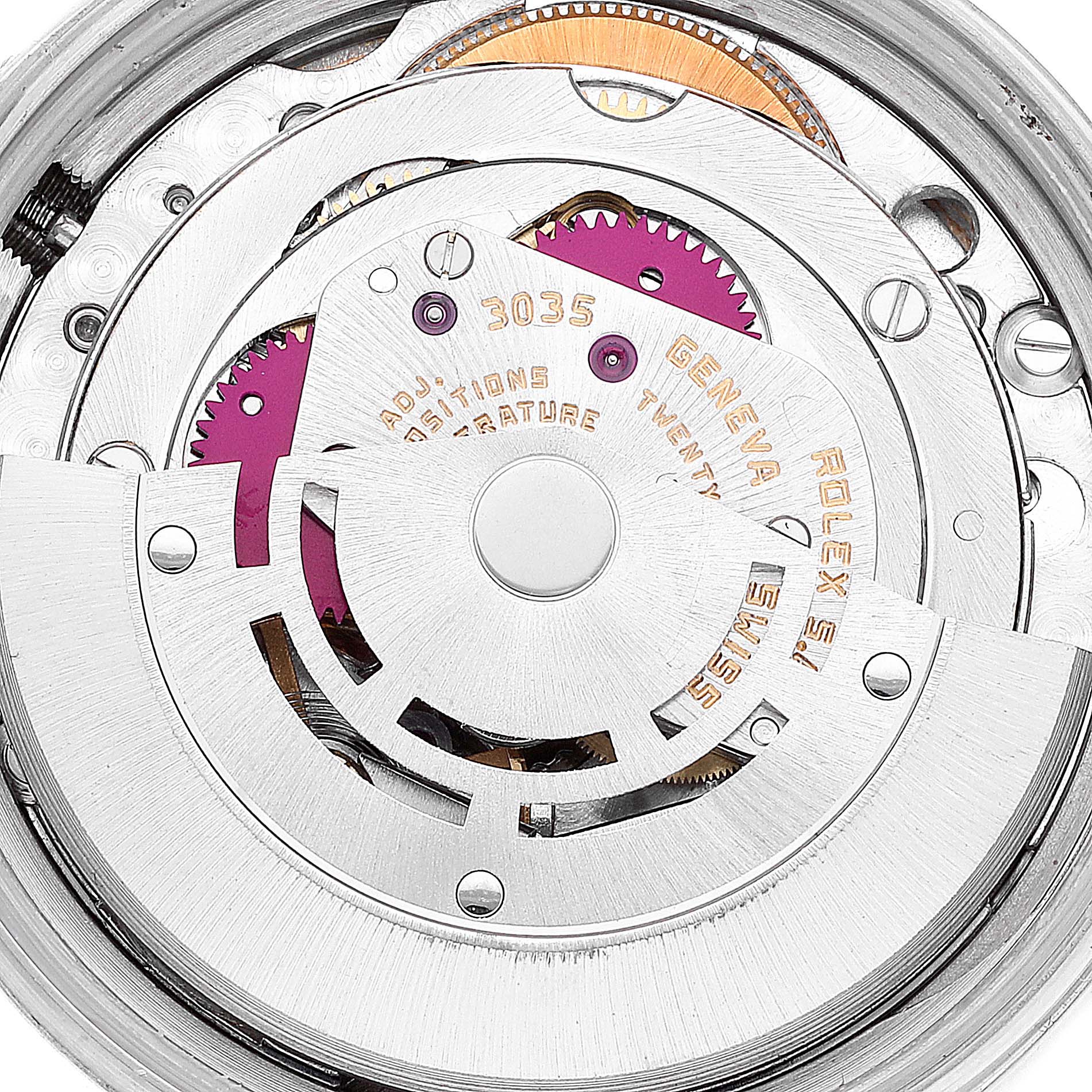 The image shows the movement mechanism of a Rolex Datejust 16014 Men's Steel and Gold (two tone) Silver Dial 16014 Men's Steel and Gold (two tone) Silver Dial watch from a top-down angle.