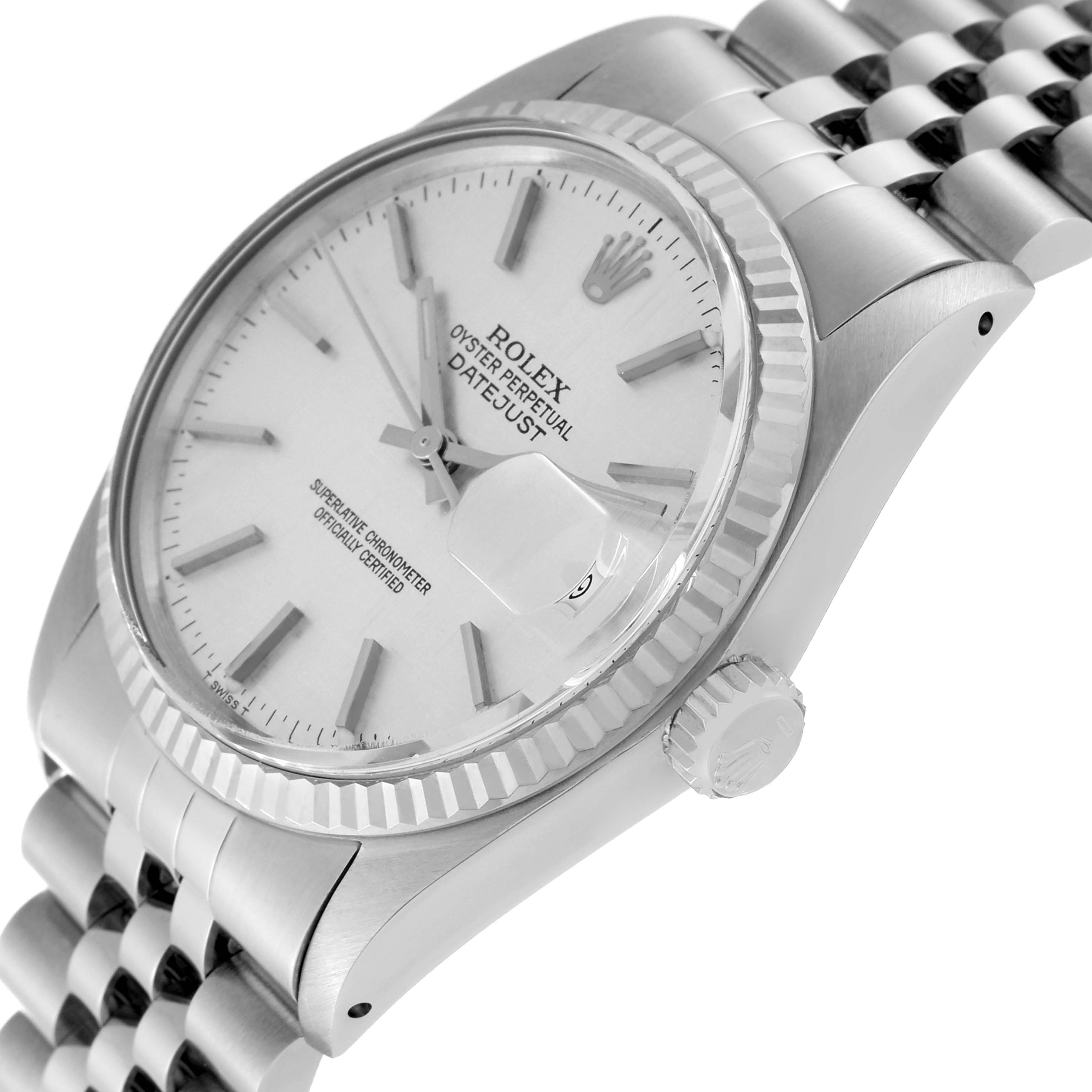 The Rolex Vintage Collection 16014 Men's Steel and Gold (two tone) Silver Dial 16014 Men's Steel and Gold (two tone) Silver Dial watch is shown at a tilted angle, displaying the case, bezel, crown, and part of the bracelet.