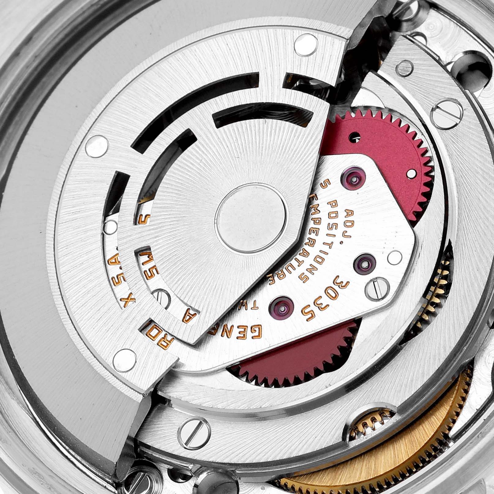 The image shows a close-up view of the Rolex Vintage Collection 16014 Men's Steel and Gold (two tone) Silver Dial 16014 Men's Steel and Gold (two tone) Silver Dial watch movement and rotor from the back.