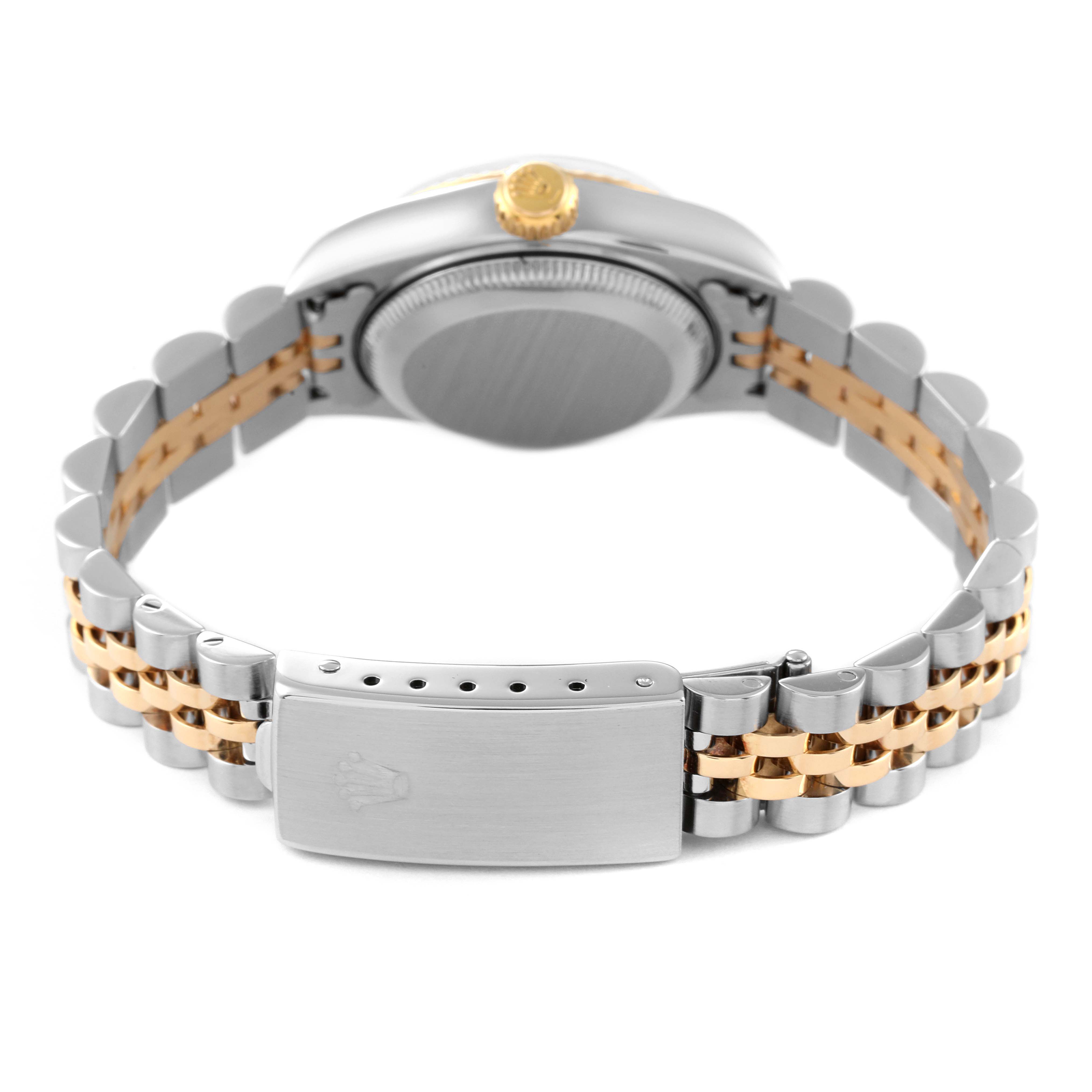 This image shows the back view of a Rolex Datejust 79173 Women
s Steel and Gold (two tone) Black Dial 79173 Women
s Steel and Gold (two tone) Black Dial watch, highlighting the clasp and bracelet.