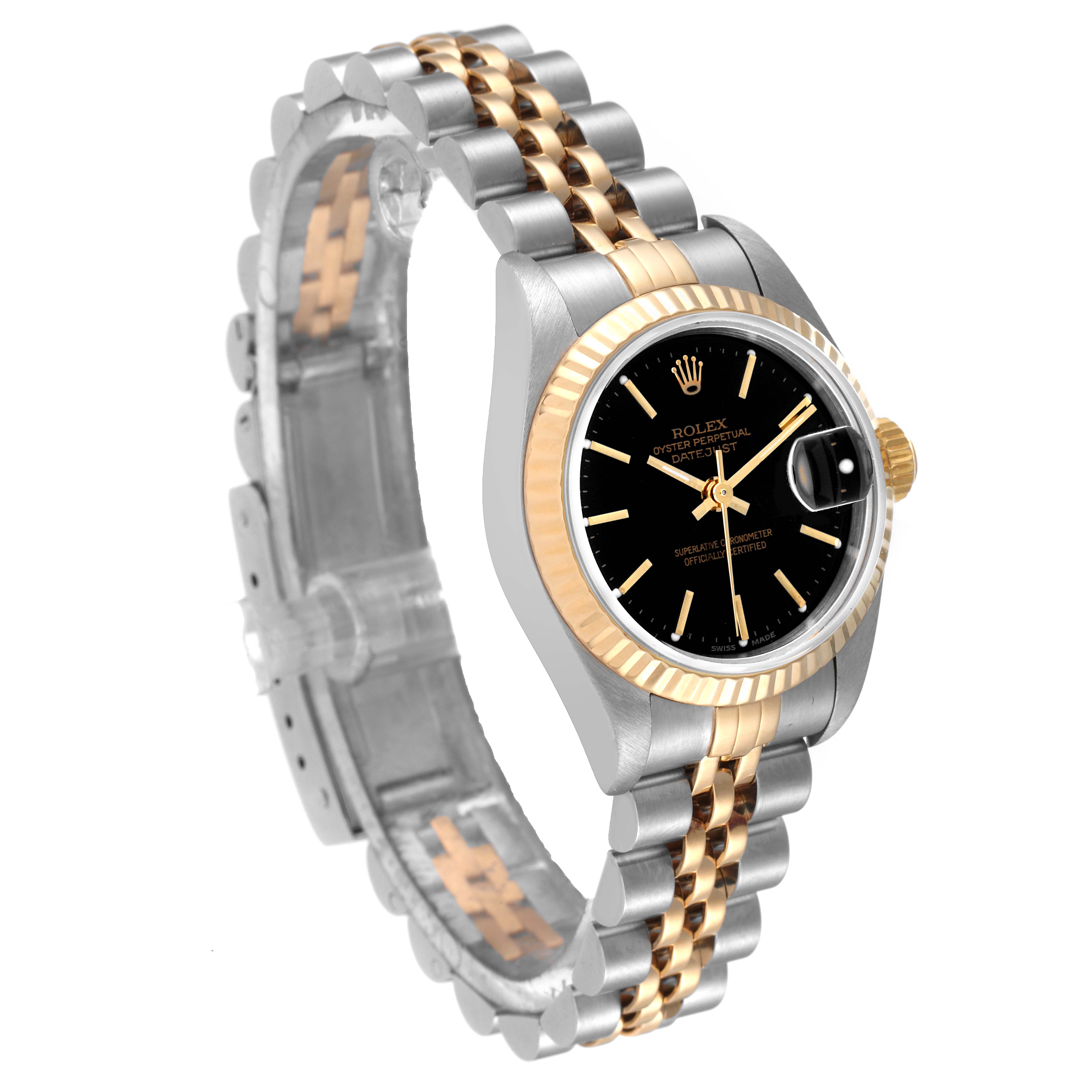 The image shows a Rolex Datejust 79173 Women
s Steel and Gold (two tone) Black Dial 79173 Women
s Steel and Gold (two tone) Black Dial watch at a three-quarter angle, highlighting the black dial, fluted bezel, and Jubilee bracelet.