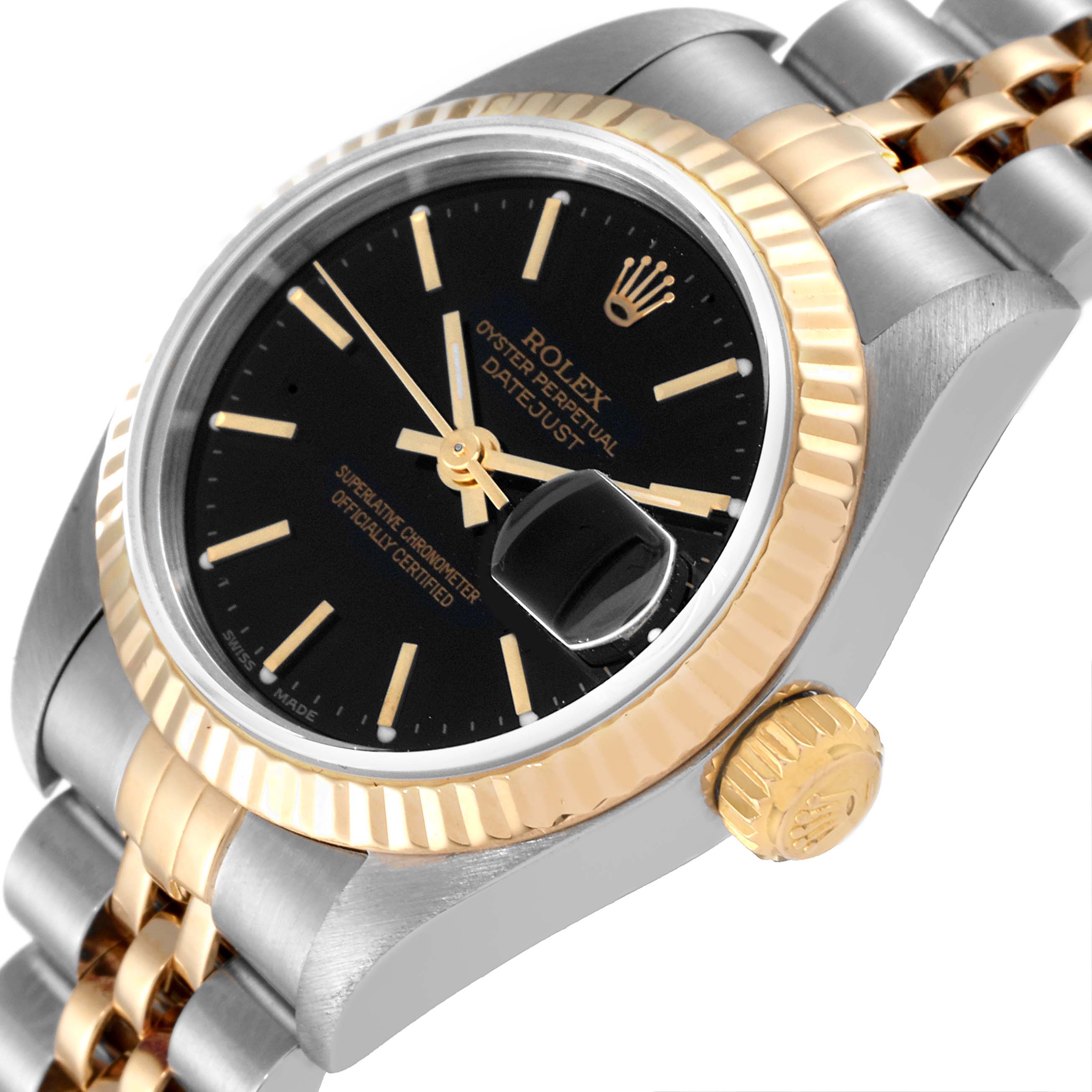 The image shows a Rolex Datejust 79173 Women
s Steel and Gold (two tone) Black Dial 79173 Women
s Steel and Gold (two tone) Black Dial watch at an angled view, highlighting the bezel, crown, bracelet, and black dial with date magnifier.