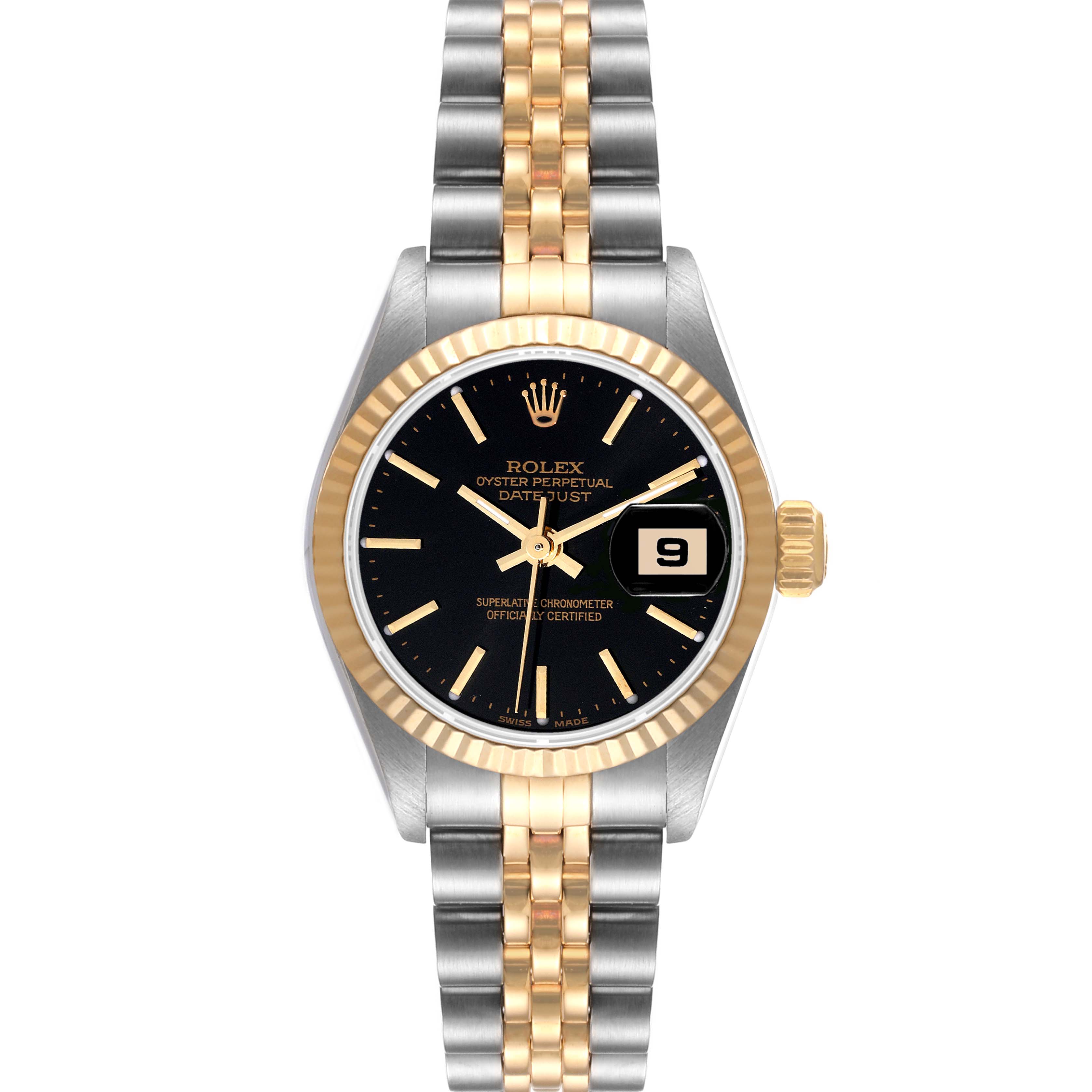 The image shows a front view of a Rolex Datejust 79173 Women
s Steel and Gold (two tone) Black Dial 79173 Women
s Steel and Gold (two tone) Black Dial watch displaying the dial, bezel, and two-tone bracelet.
