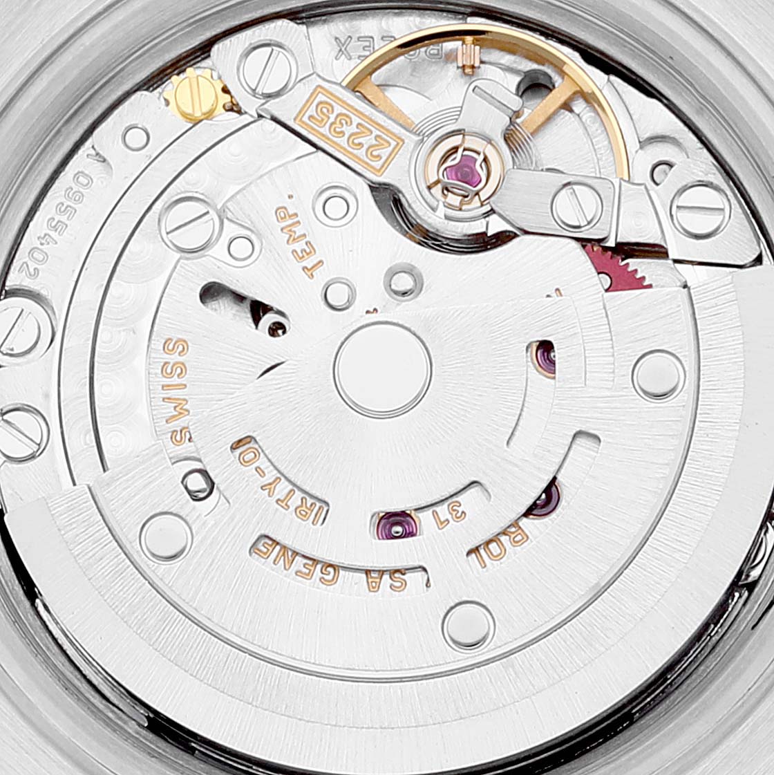 This image shows the intricate inner mechanism and components of the Rolex Datejust 79173 Women
s Steel and Gold (two tone) Black Dial 79173 Women
s Steel and Gold (two tone) Black Dial watch movement.