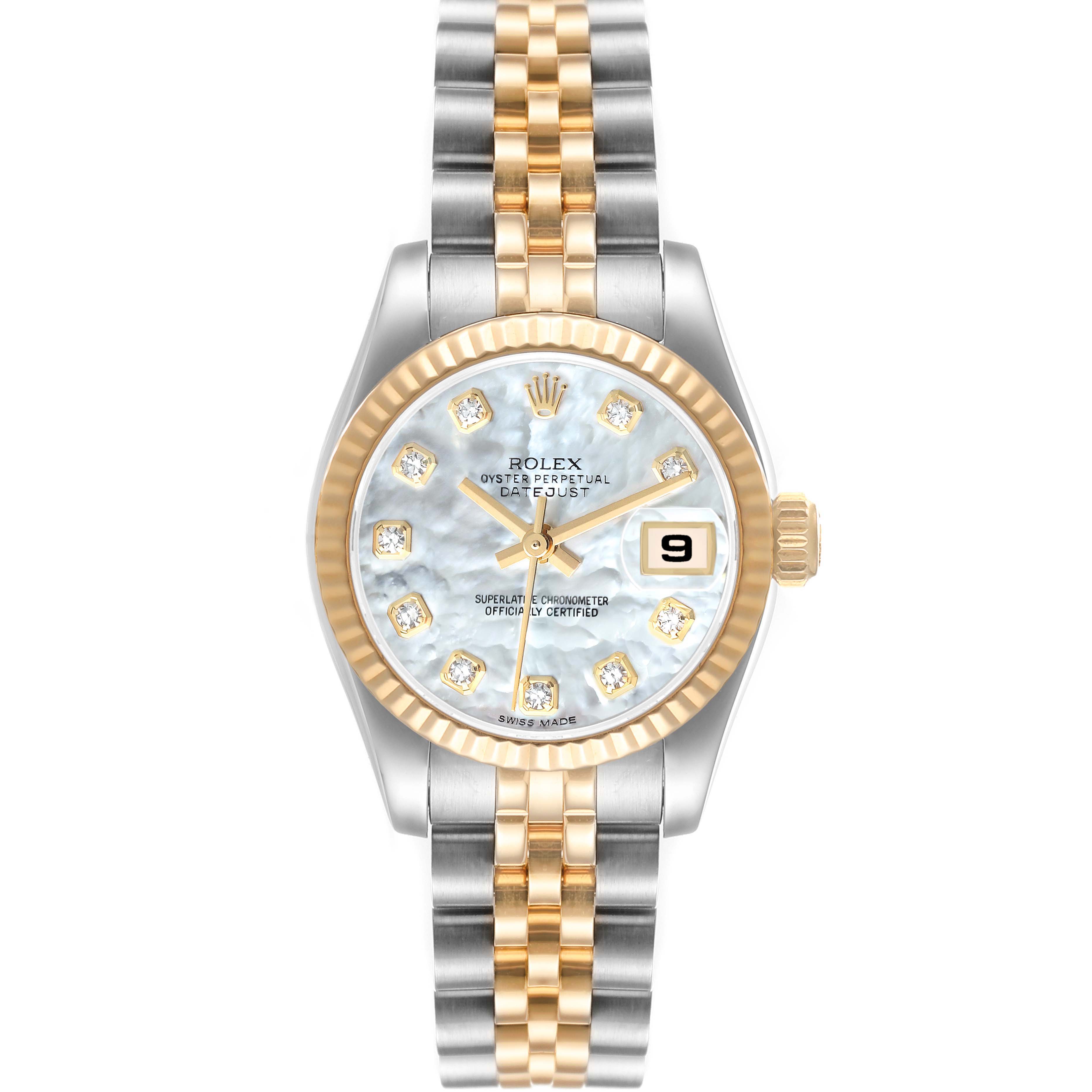 This image shows a Rolex Datejust 179173 Women's Steel and Gold (two tone) Mother of Pearl Dial 179173 Women's Steel and Gold (two tone) Mother of Pearl Dial watch from a front angle, highlighting its dial, bezel, and jubilee bracelet.