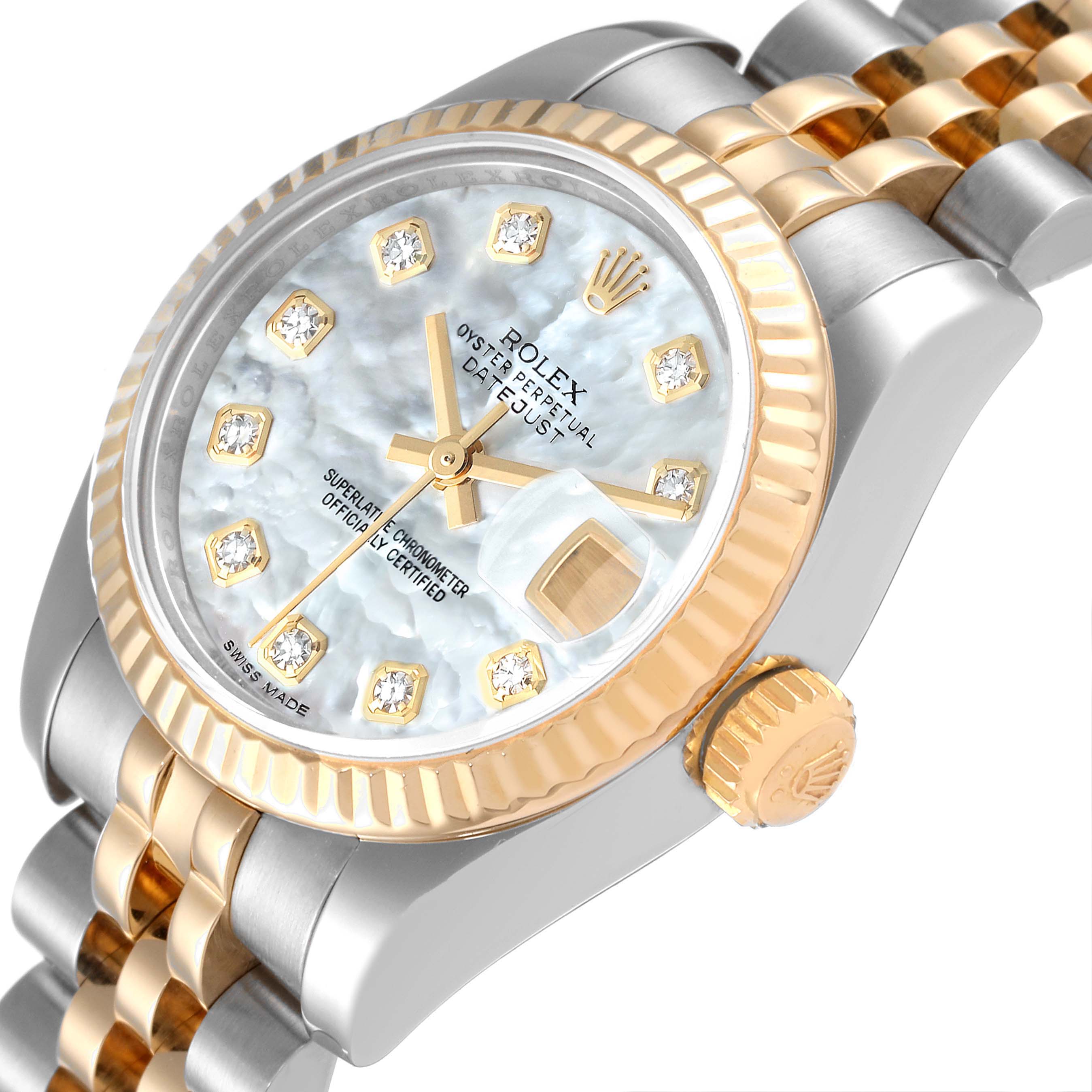 This Rolex Datejust 179173 Women's Steel and Gold (two tone) Mother of Pearl Dial 179173 Women's Steel and Gold (two tone) Mother of Pearl Dial watch is shown from a side-angle, highlighting the crown, fluted bezel, and diamond-set dial.
