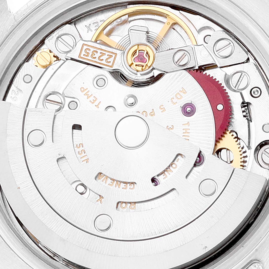 This image shows a close-up view of the movement mechanism inside a Rolex Datejust 179173 Women's Steel and Gold (two tone) Mother of Pearl Dial 179173 Women's Steel and Gold (two tone) Mother of Pearl Dial watch.