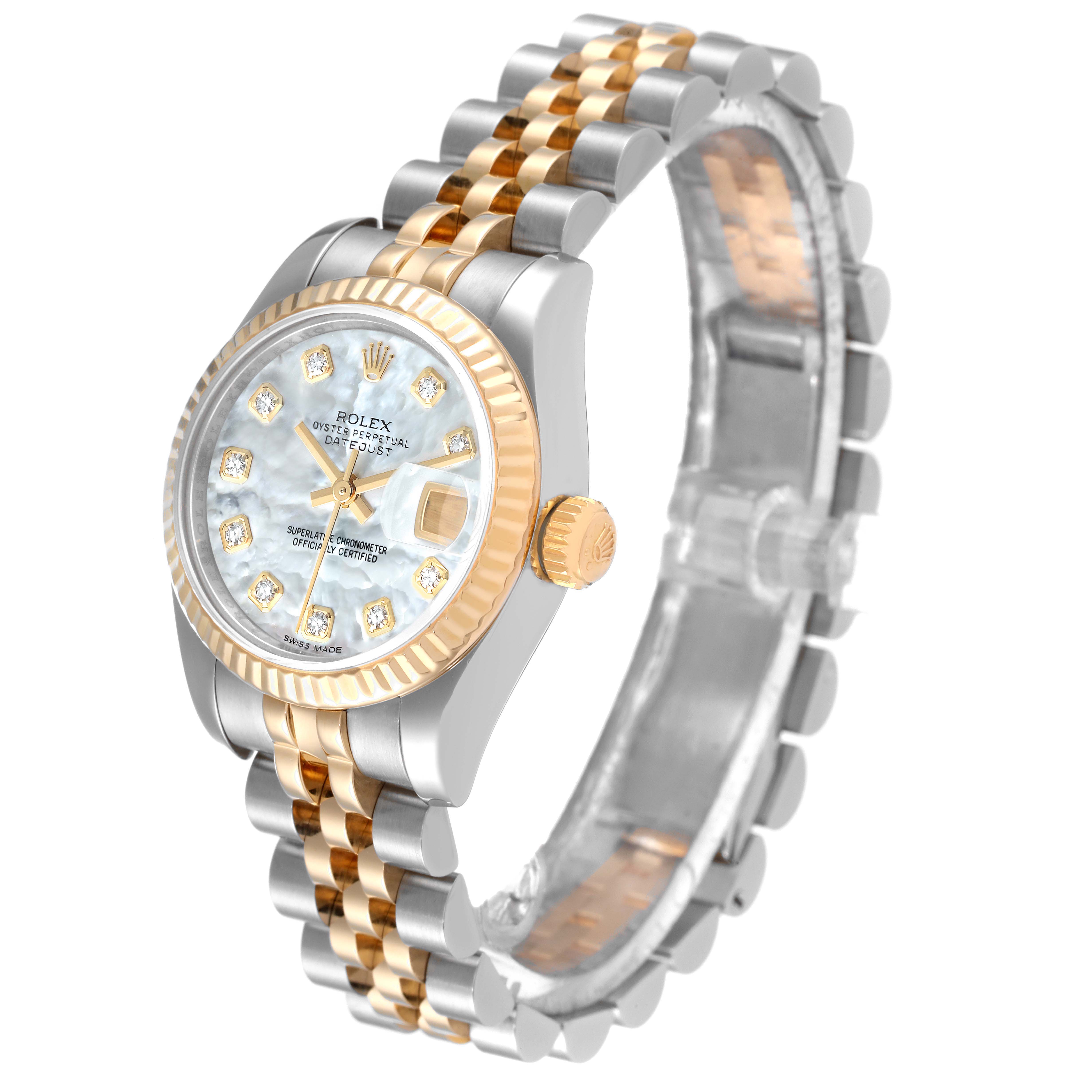 This image shows a Rolex Datejust 179173 Women's Steel and Gold (two tone) Mother of Pearl Dial 179173 Women's Steel and Gold (two tone) Mother of Pearl Dial watch from a three-quarter angle, highlighting its face, fluted bezel, crown, and two-tone bracelet.