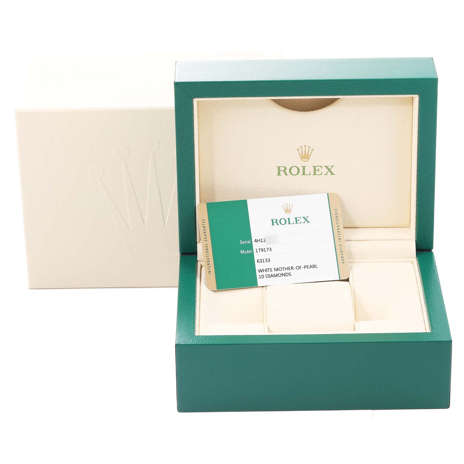 The image shows the open box and warranty card for a Rolex Datejust 179173 Women's Steel and Gold (two tone) Mother of Pearl Dial 179173 Women's Steel and Gold (two tone) Mother of Pearl Dial watch, but the watch itself is not visible.