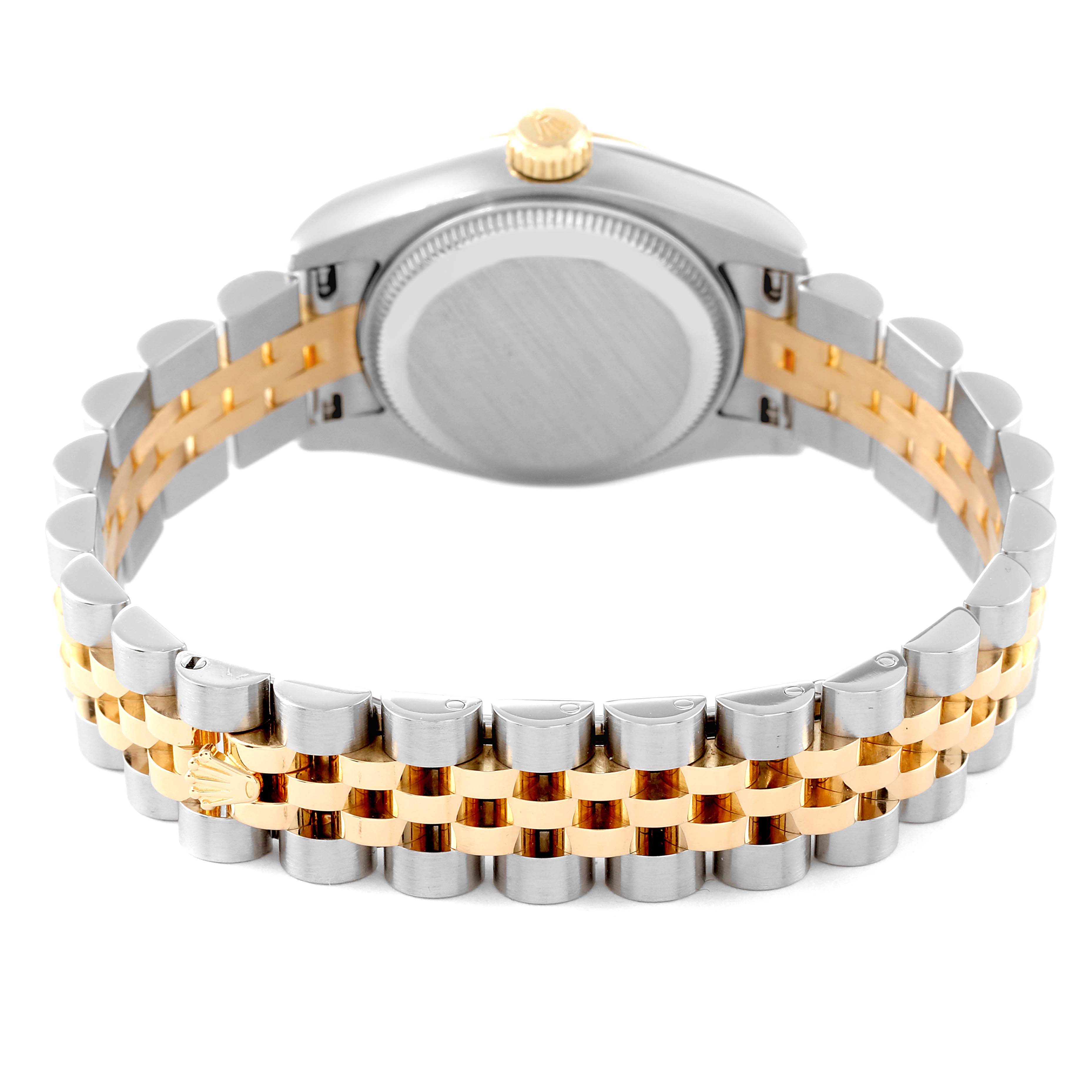 The image shows the Rolex Datejust 179173 Women's Steel and Gold (two tone) Mother of Pearl Dial 179173 Women's Steel and Gold (two tone) Mother of Pearl Dial watch from the back, highlighting the case back and bi-color Jubilee bracelet.