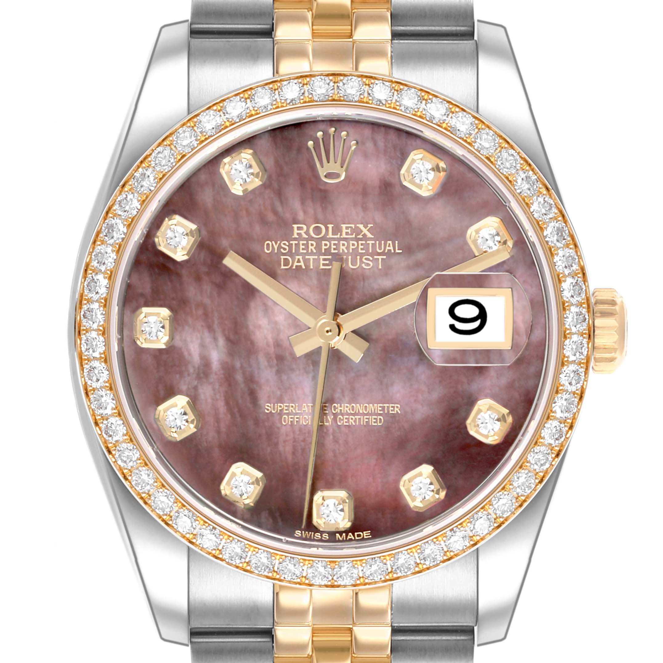 The Rolex Datejust 116243 Men's Steel and Gold (two tone) Mother of Pearl Dial 116243 Men's Steel and Gold (two tone) Mother of Pearl Dial watch is shown from a front view, highlighting the bezel, dial, and bracelet.