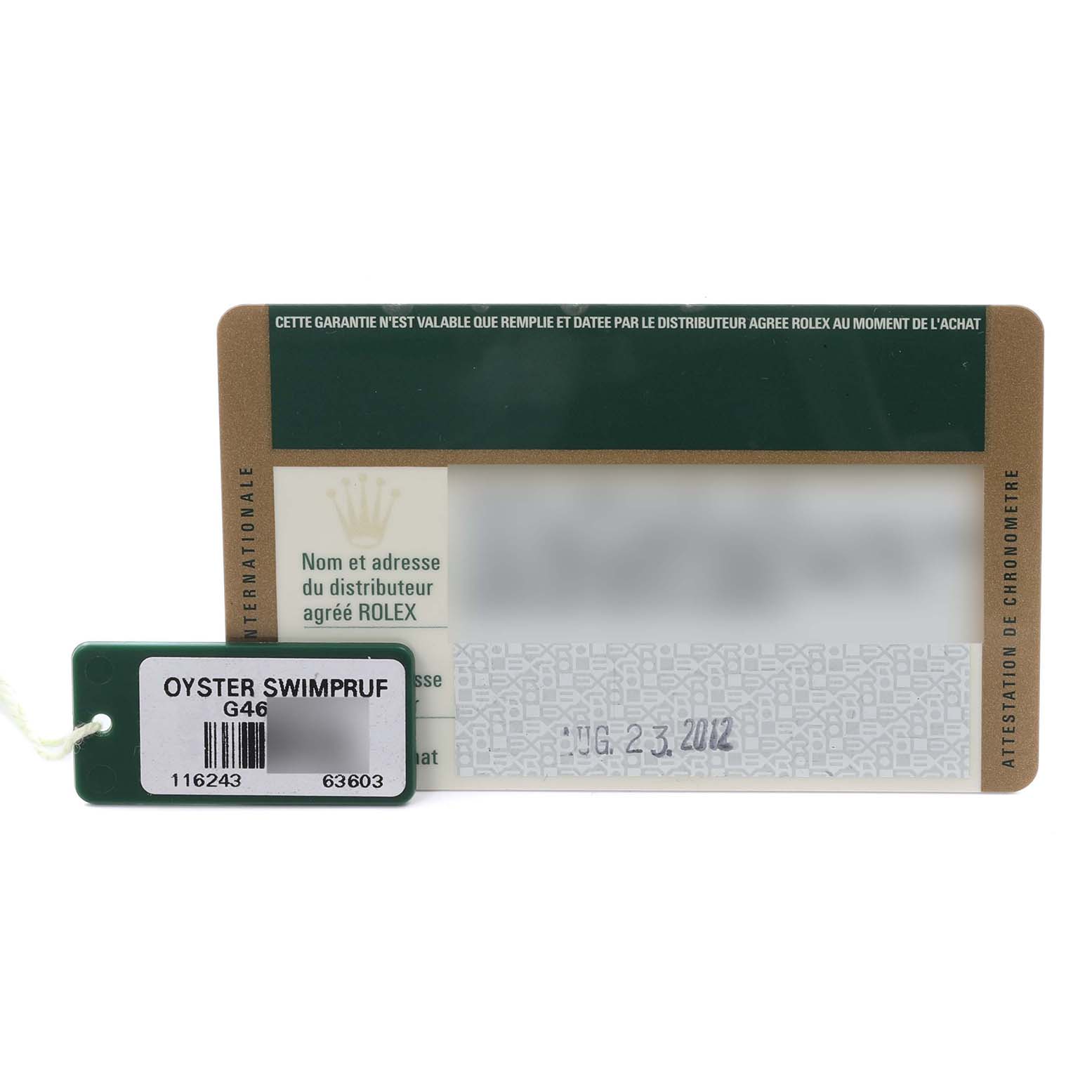 The image shows warranty cards and tags for a Rolex Datejust 116243 Men's Steel and Gold (two tone) Mother of Pearl Dial 116243 Men's Steel and Gold (two tone) Mother of Pearl Dial watch.