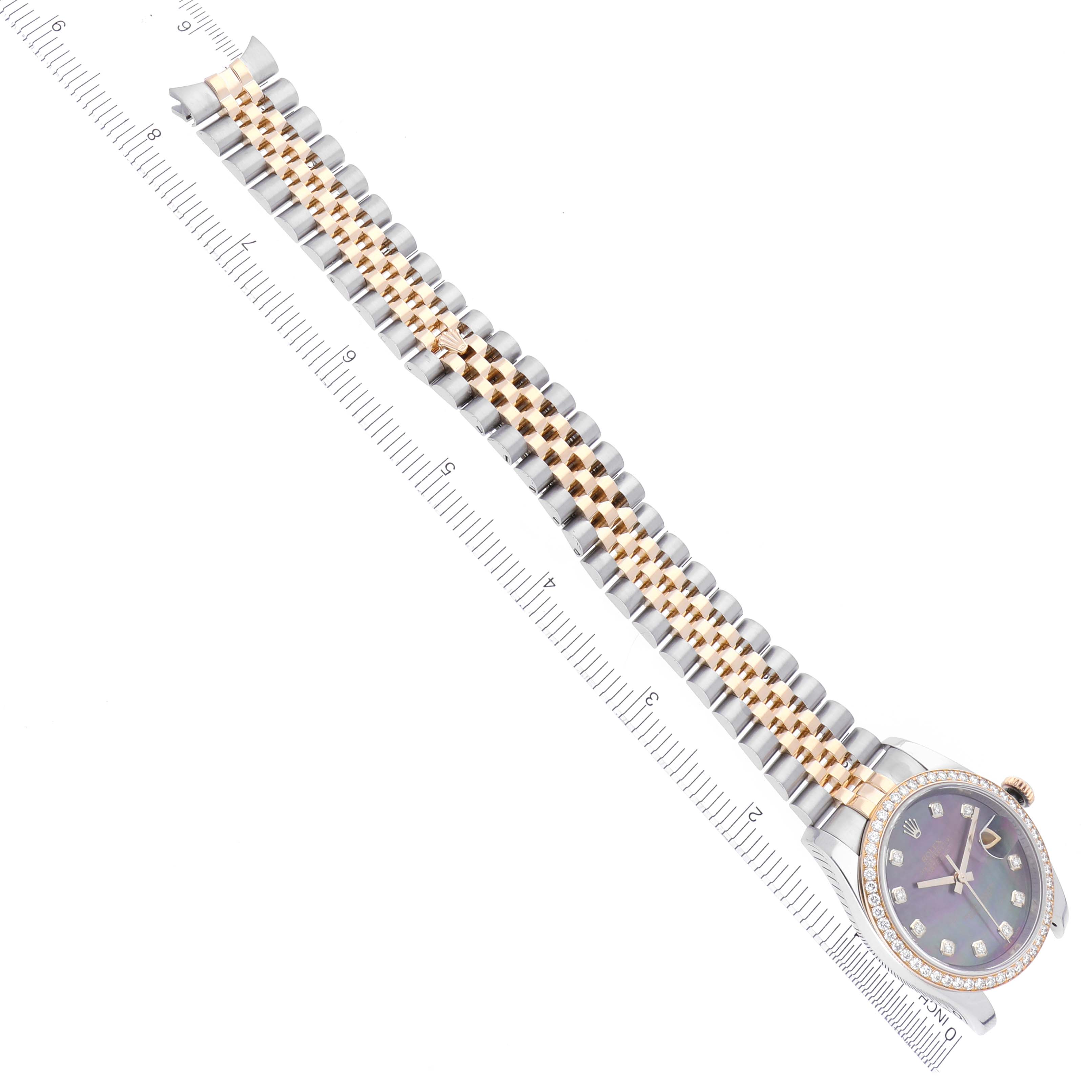 The image shows a side view of the Rolex Datejust 116243 Men's Steel and Gold (two tone) Mother of Pearl Dial 116243 Men's Steel and Gold (two tone) Mother of Pearl Dial watch, highlighting the face, bezel, and Jubilee bracelet.