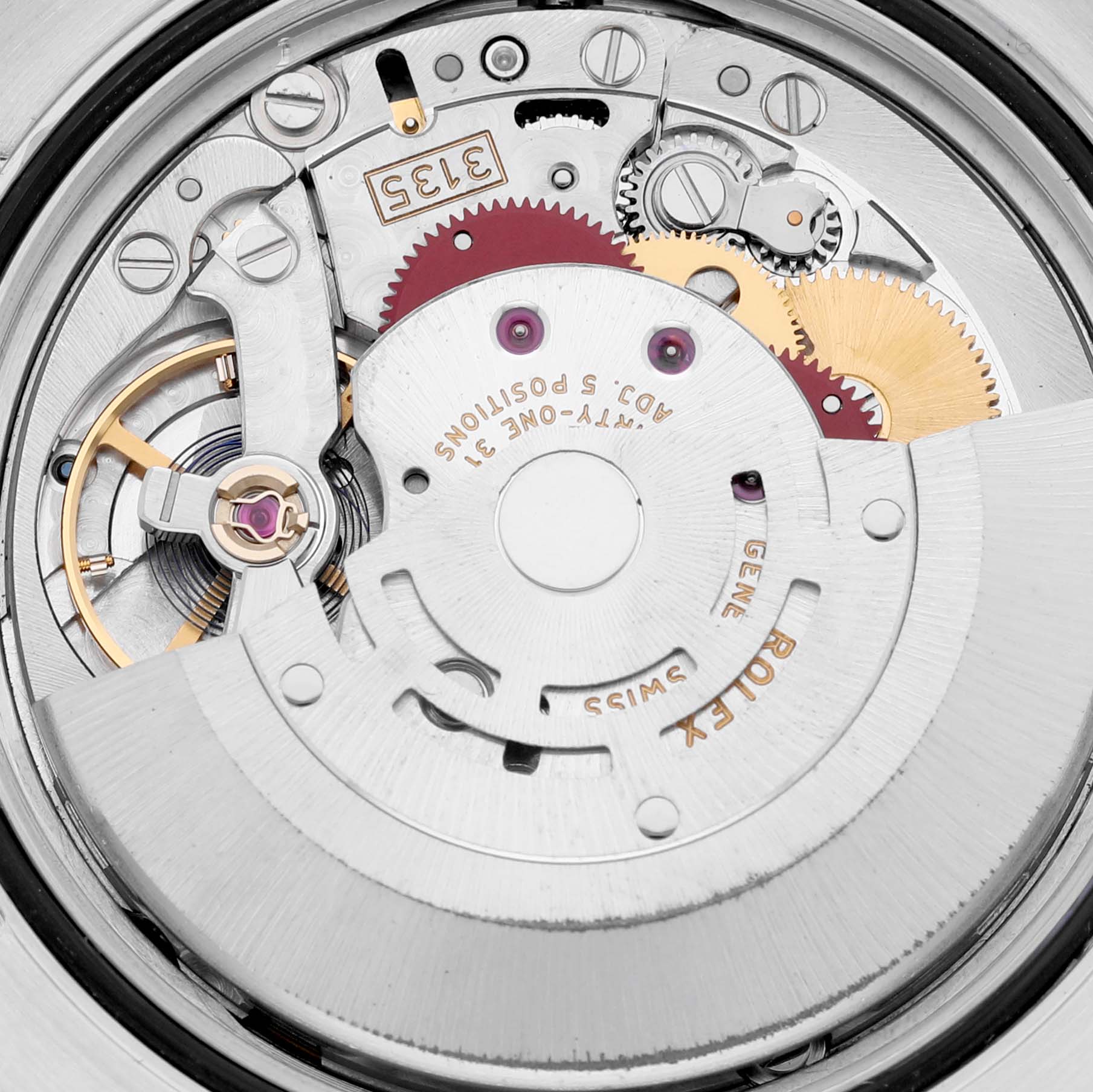 The image shows the inner movement mechanism of a Rolex Datejust 116243 Men's Steel and Gold (two tone) Mother of Pearl Dial 116243 Men's Steel and Gold (two tone) Mother of Pearl Dial watch from a top-down angle.