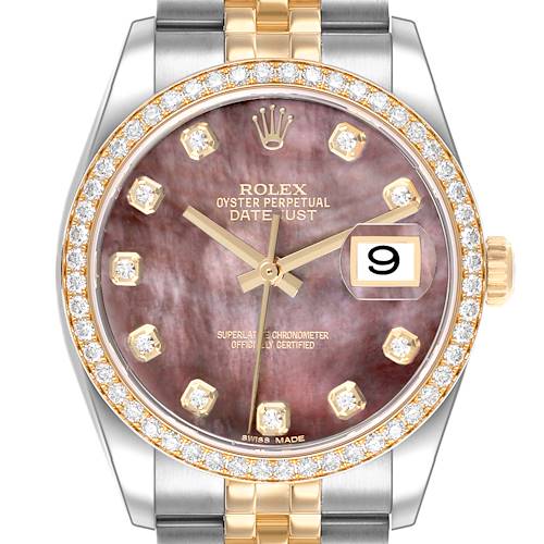 The Rolex Datejust watch is shown from the front, highlighting the dial, diamond markers, and two-tone bracelet.