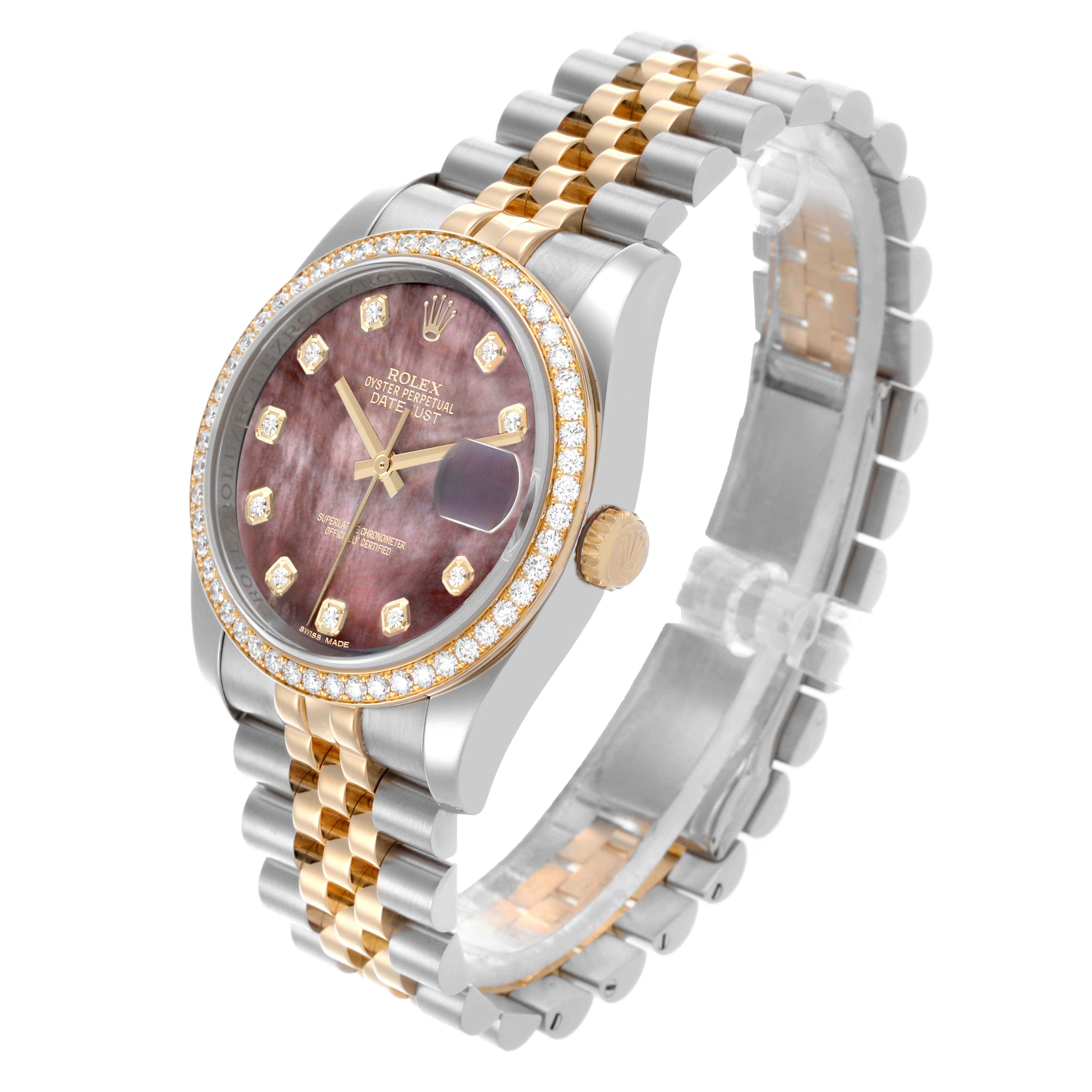 The Rolex Datejust 116243 Men's Steel and Gold (two tone) Mother of Pearl Dial 116243 Men's Steel and Gold (two tone) Mother of Pearl Dial watch is shown at a three-quarter angle, displaying the face, bezel, crown, and two-tone bracelet.