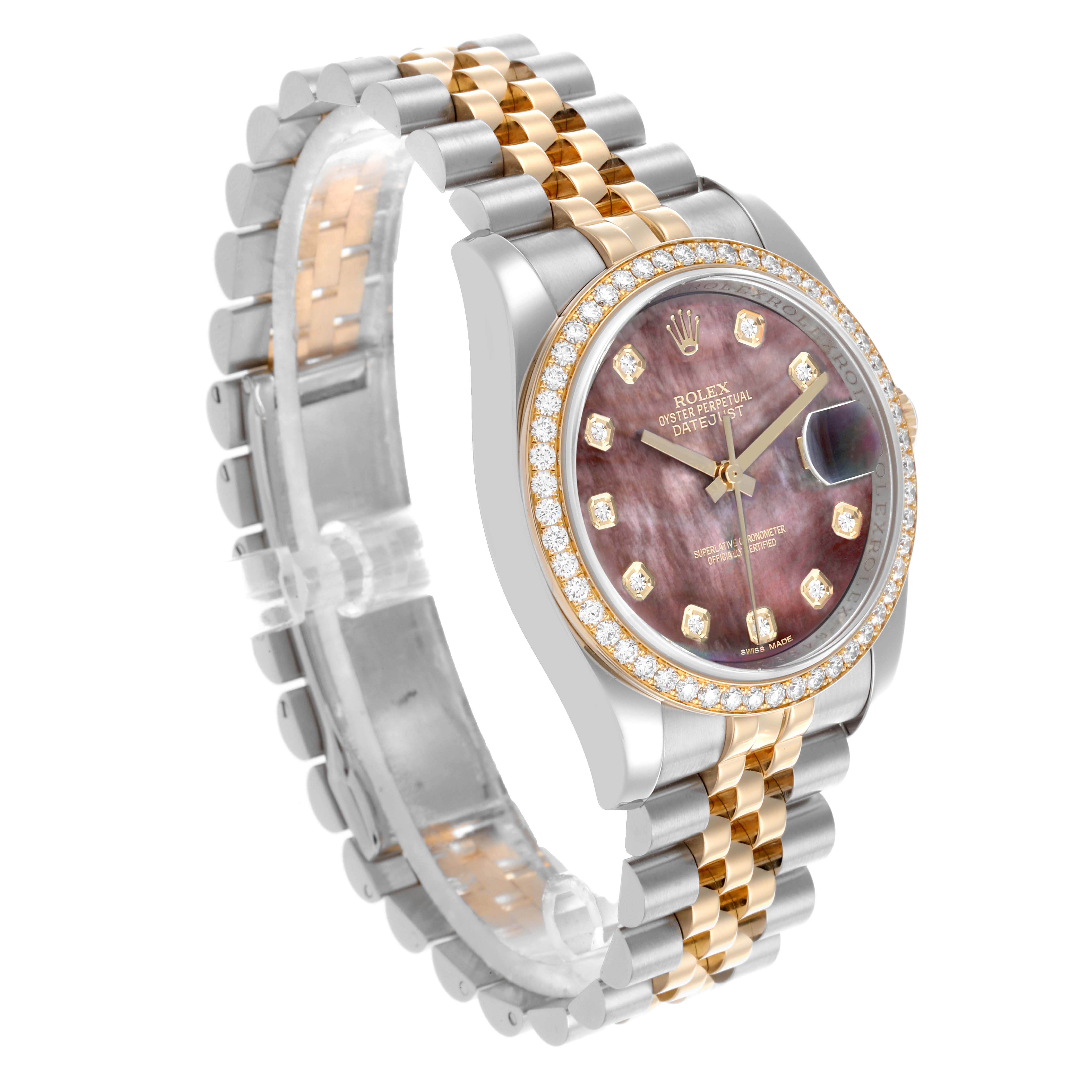 The Rolex Datejust 116243 Men's Steel and Gold (two tone) Mother of Pearl Dial 116243 Men's Steel and Gold (two tone) Mother of Pearl Dial watch is shown at an angled side view highlighting its dial, bezel, and bracelet.