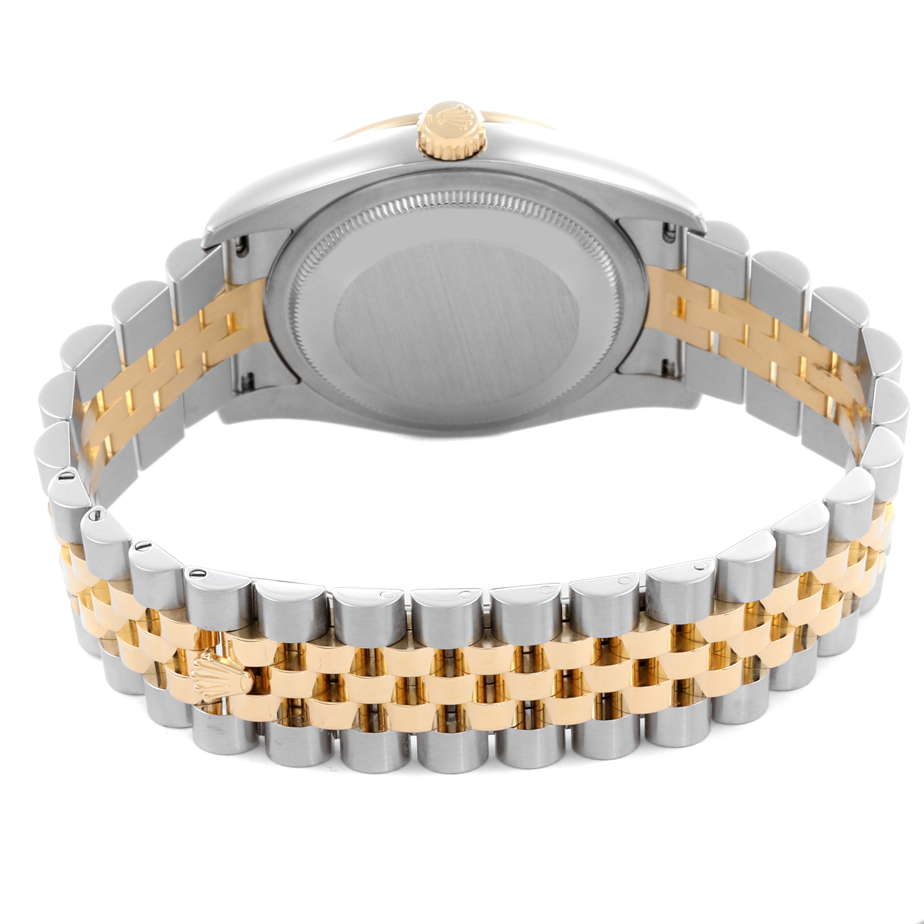 The image shows the back of a Rolex Datejust 116243 Men's Steel and Gold (two tone) Mother of Pearl Dial 116243 Men's Steel and Gold (two tone) Mother of Pearl Dial watch, highlighting its bicolor bracelet and case back from a rear angle.