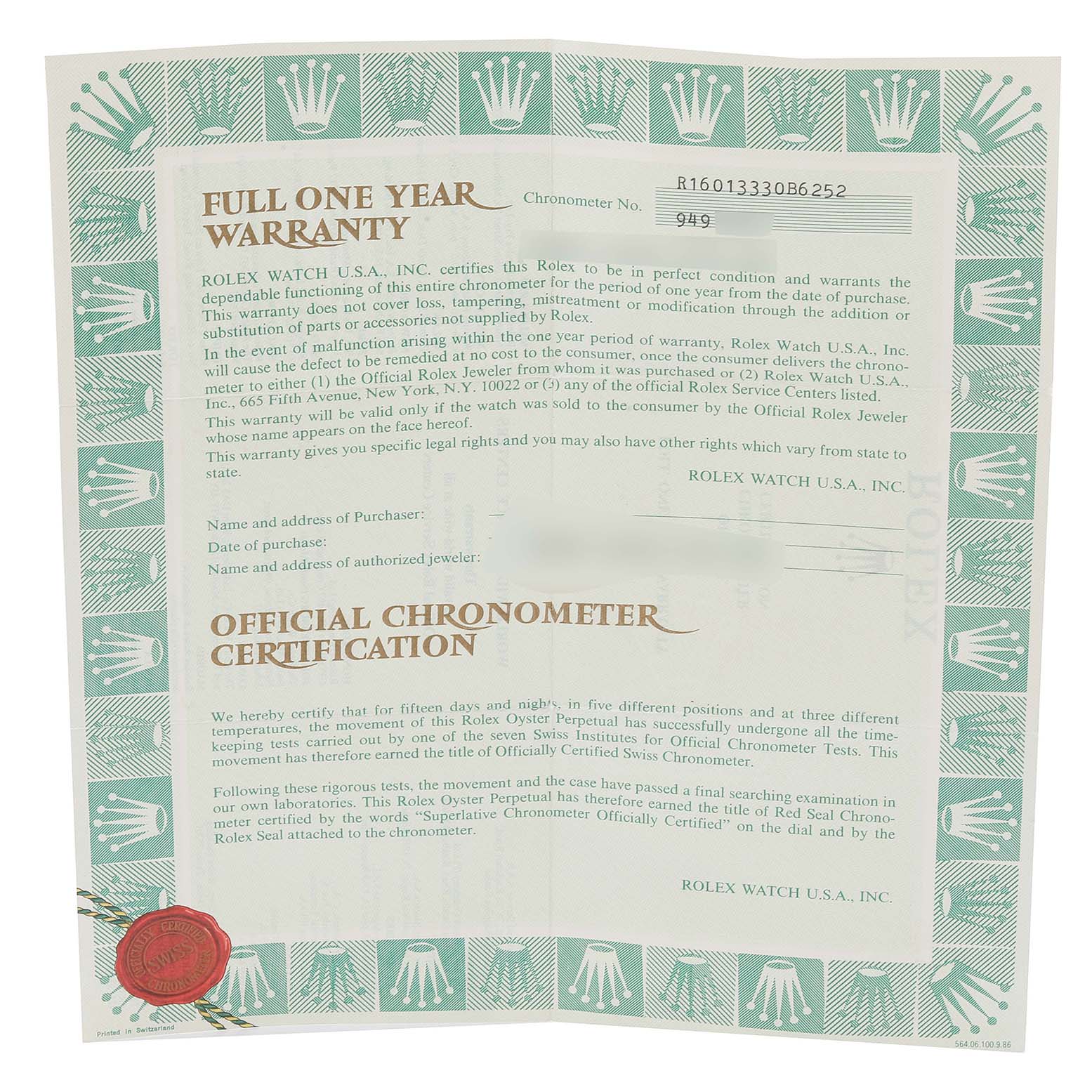 This image shows the official chronometer certification and warranty document for a Rolex Datejust 16013 Men's Steel and Gold (two tone) Beige Dial 16013 Men's Steel and Gold (two tone) Beige Dial watch.