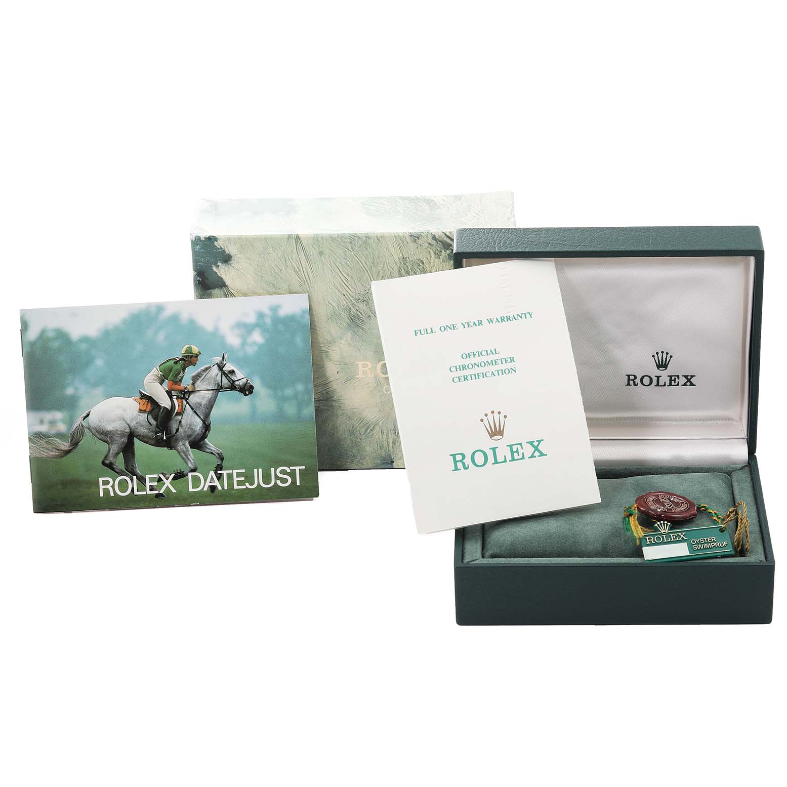 The image shows the packaging and accessories for a Rolex Datejust 16013 Men's Steel and Gold (two tone) Beige Dial 16013 Men's Steel and Gold (two tone) Beige Dial watch, including the box, warranty cards, and tags.